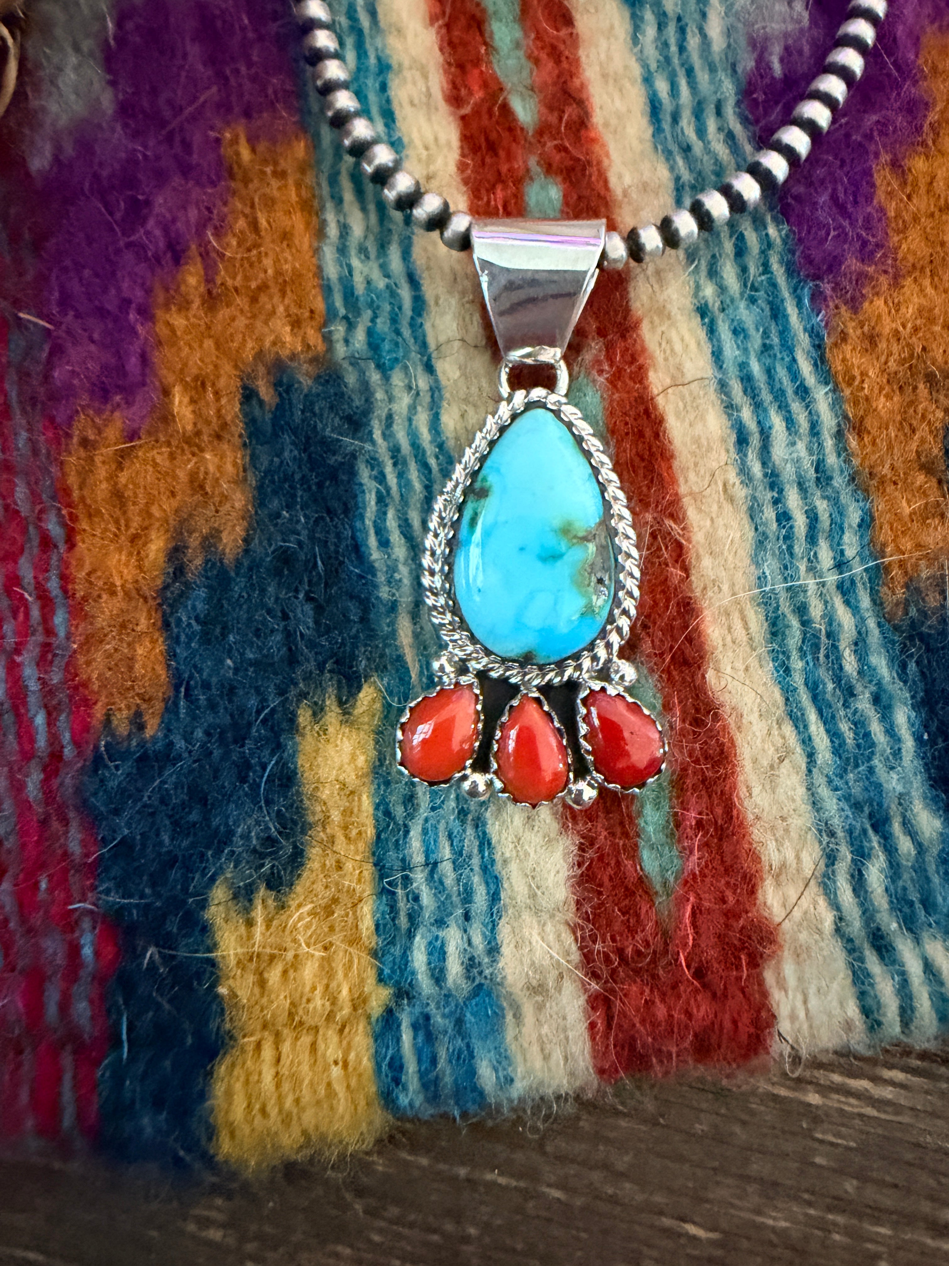 Handcrafted Turquoise, Coral and Sterling Silver Cluster Pendant by Julia Etsitty