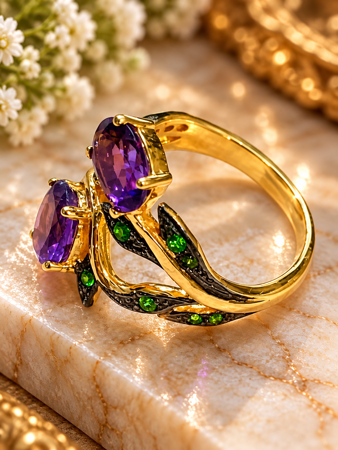 Purple Amethyst & Green Tsavorite 14k Gold Plated Sterling Silver Ring