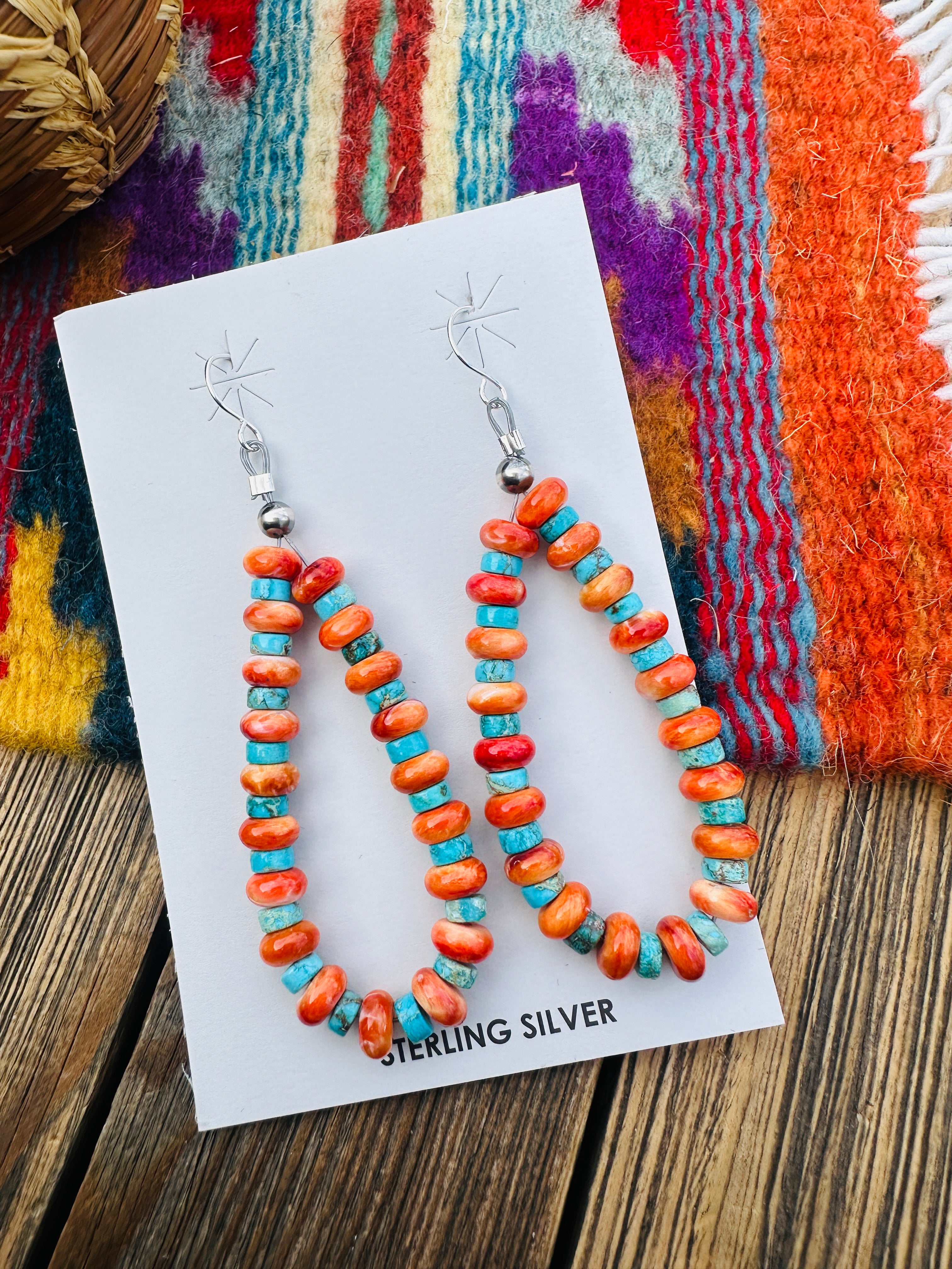Handcrafted Orange Spiny, Turquoise & Sterling Silver Beaded Dangle Hoop Earrings