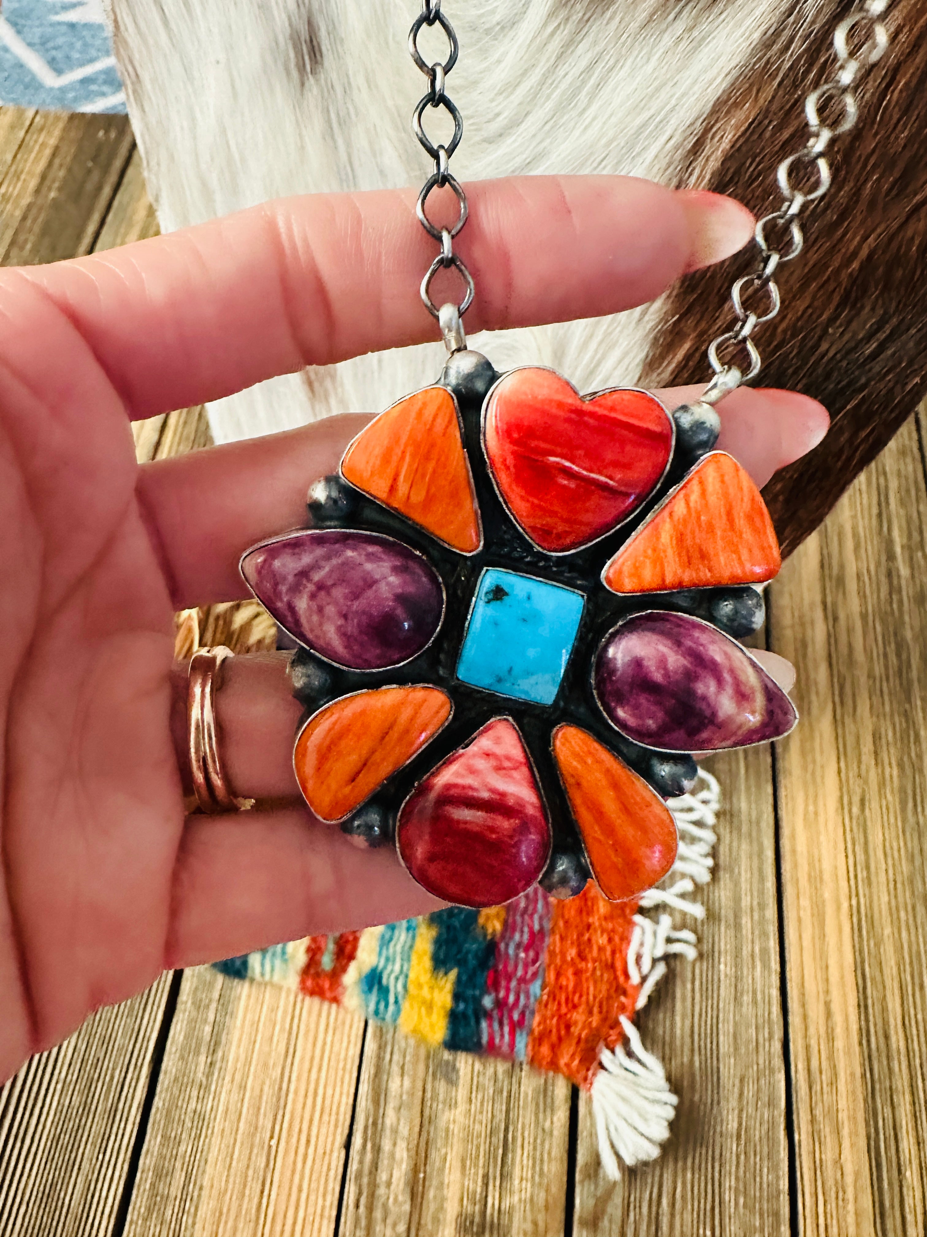 Handcrafted Spiny Oyster, Turquoise & Sterling Silver Necklace by Vicky Hicks