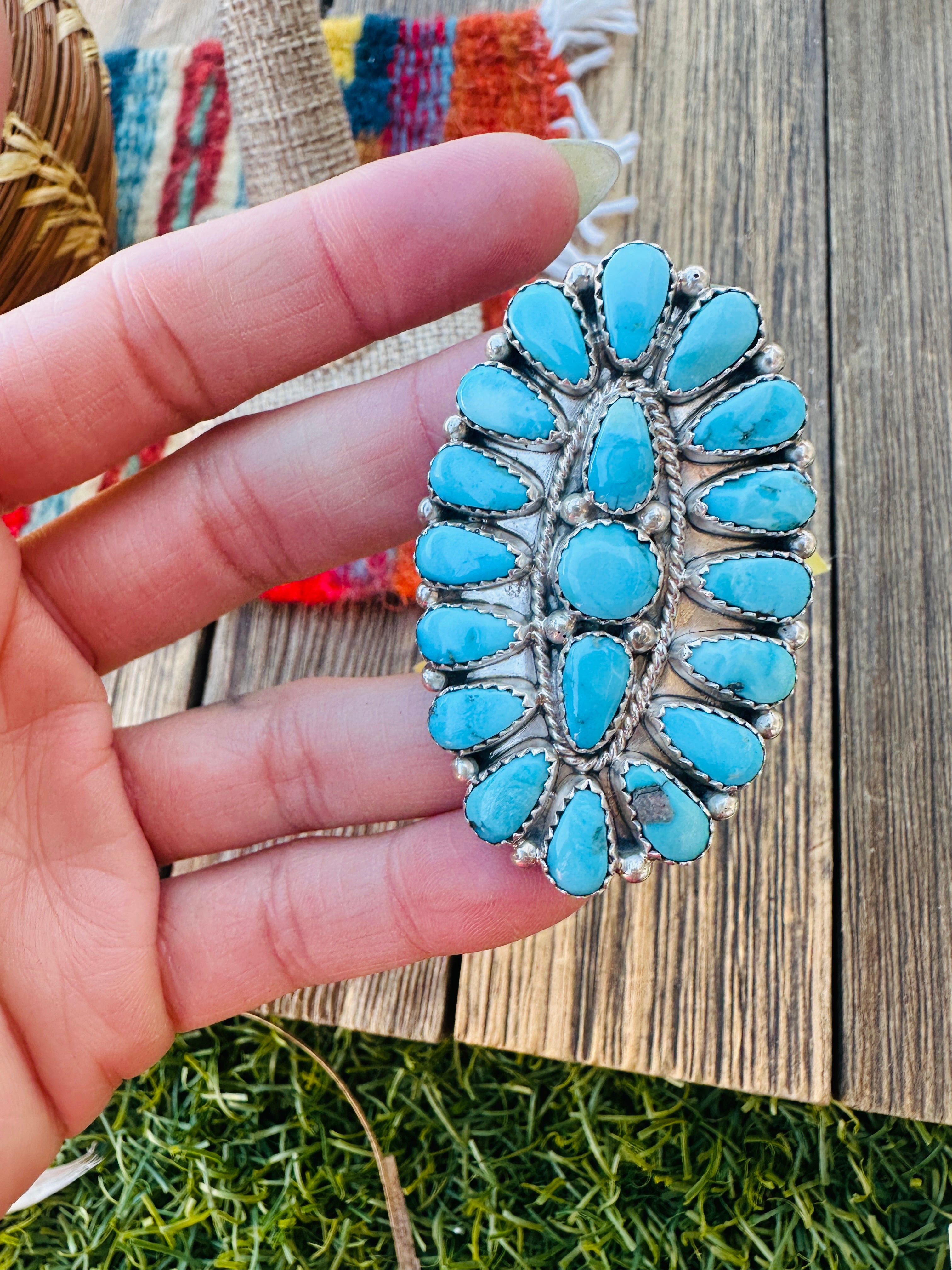 Old Pawn Handcrafted Sleeping Beauty Turquoise & Sterling Silver Cluster Ring Size 9