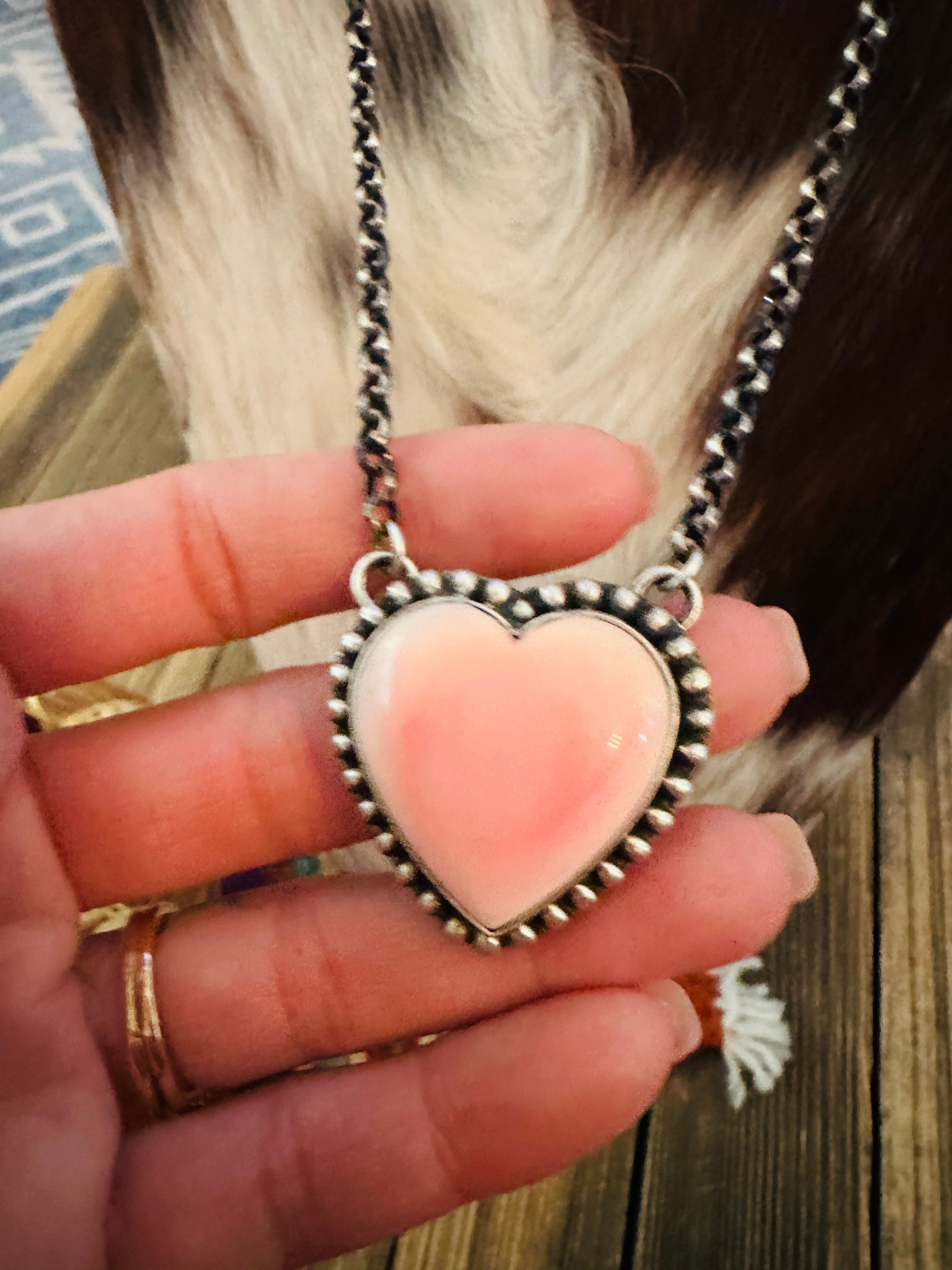 Handcrafted Queen Pink Conch & Sterling Silver Heart Necklace by Emer Thompson
