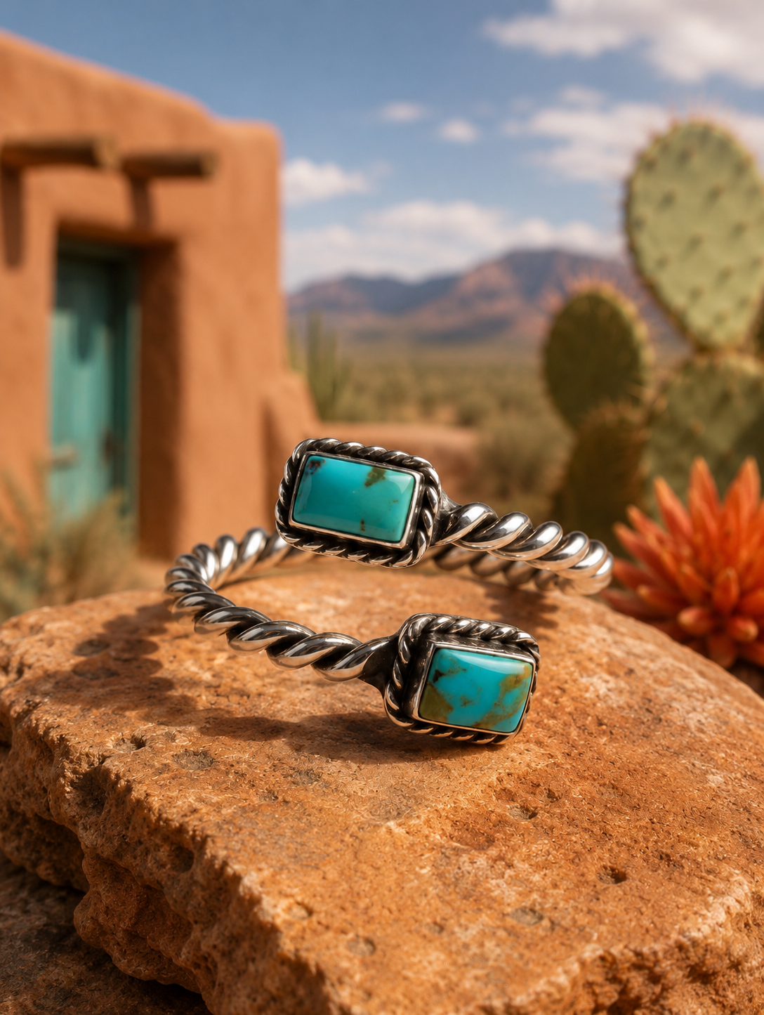 Turquoise Two Stone Sterling Silver Adjustable Ring
