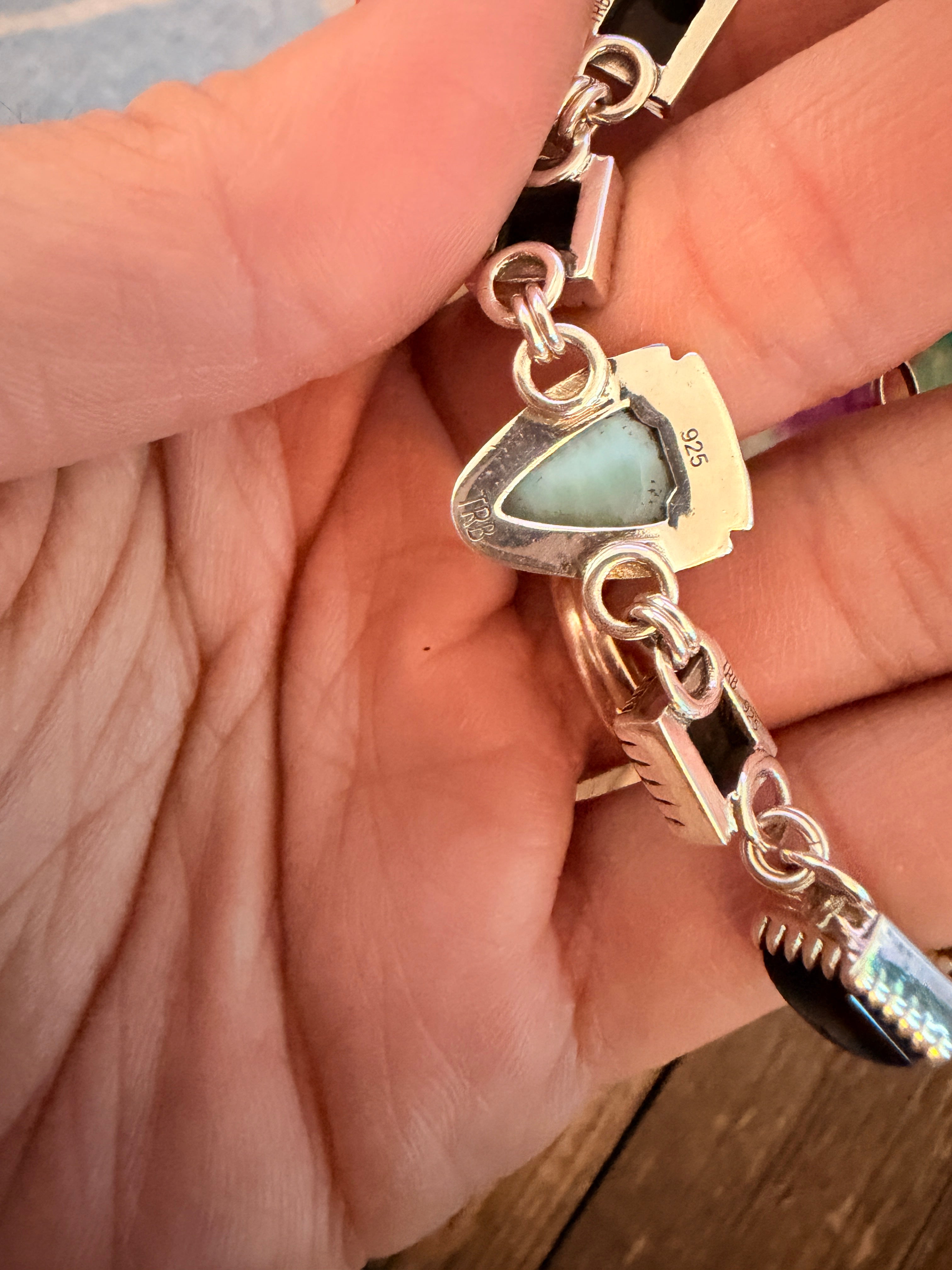 Handmade Sterling Silver, Onyx and Larimar Arrowhead Link Bracelet