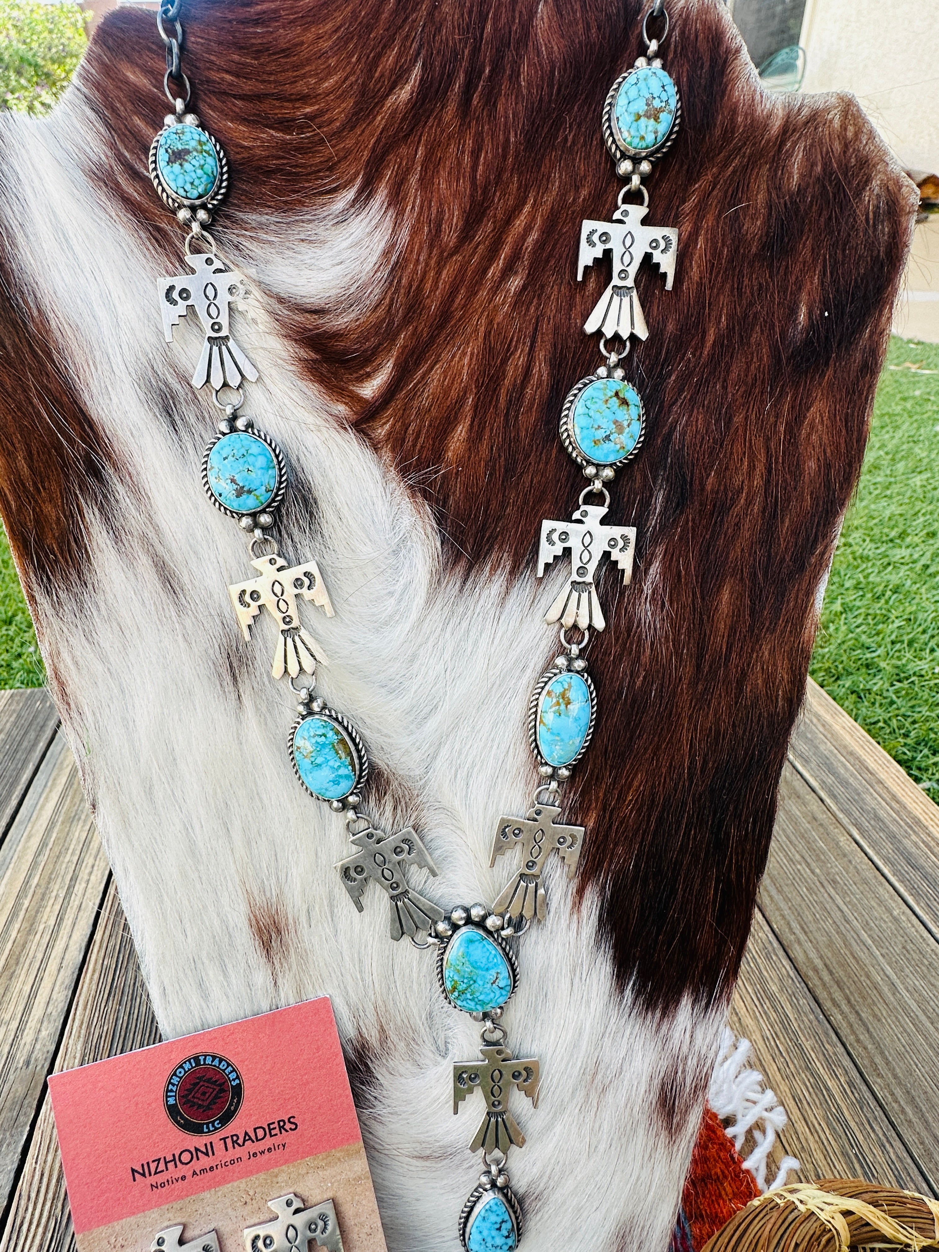 Handcrafted Turquoise & Sterling Silver Thunderbird Necklace and Earring Set by Fred Francis