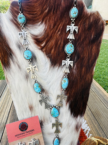 Handcrafted Turquoise & Sterling Silver Thunderbird Necklace and Earring Set by Fred Francis