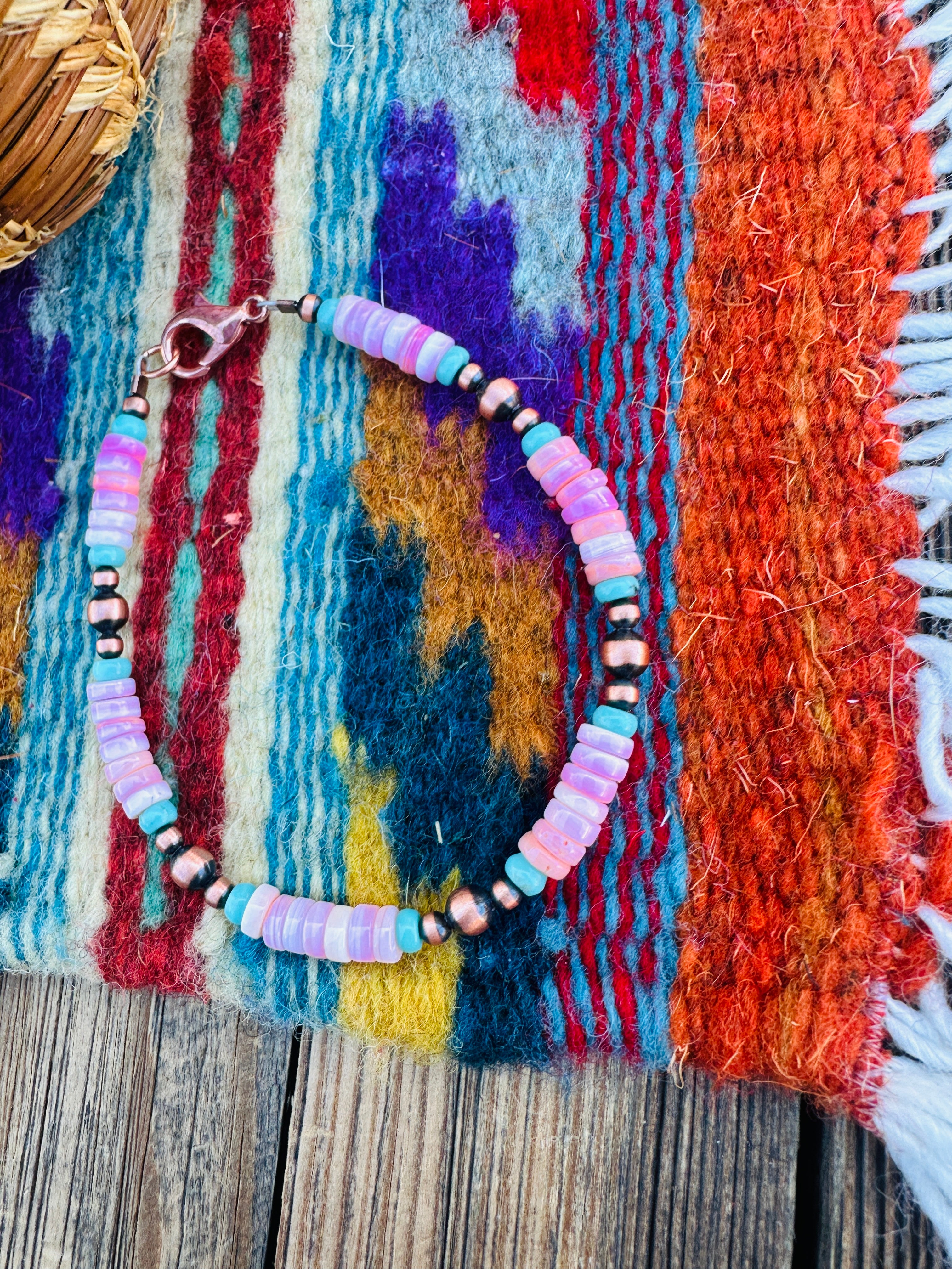 Handcrafted Queen Pink Conch, Turquoise & Copper Beaded Bracelet