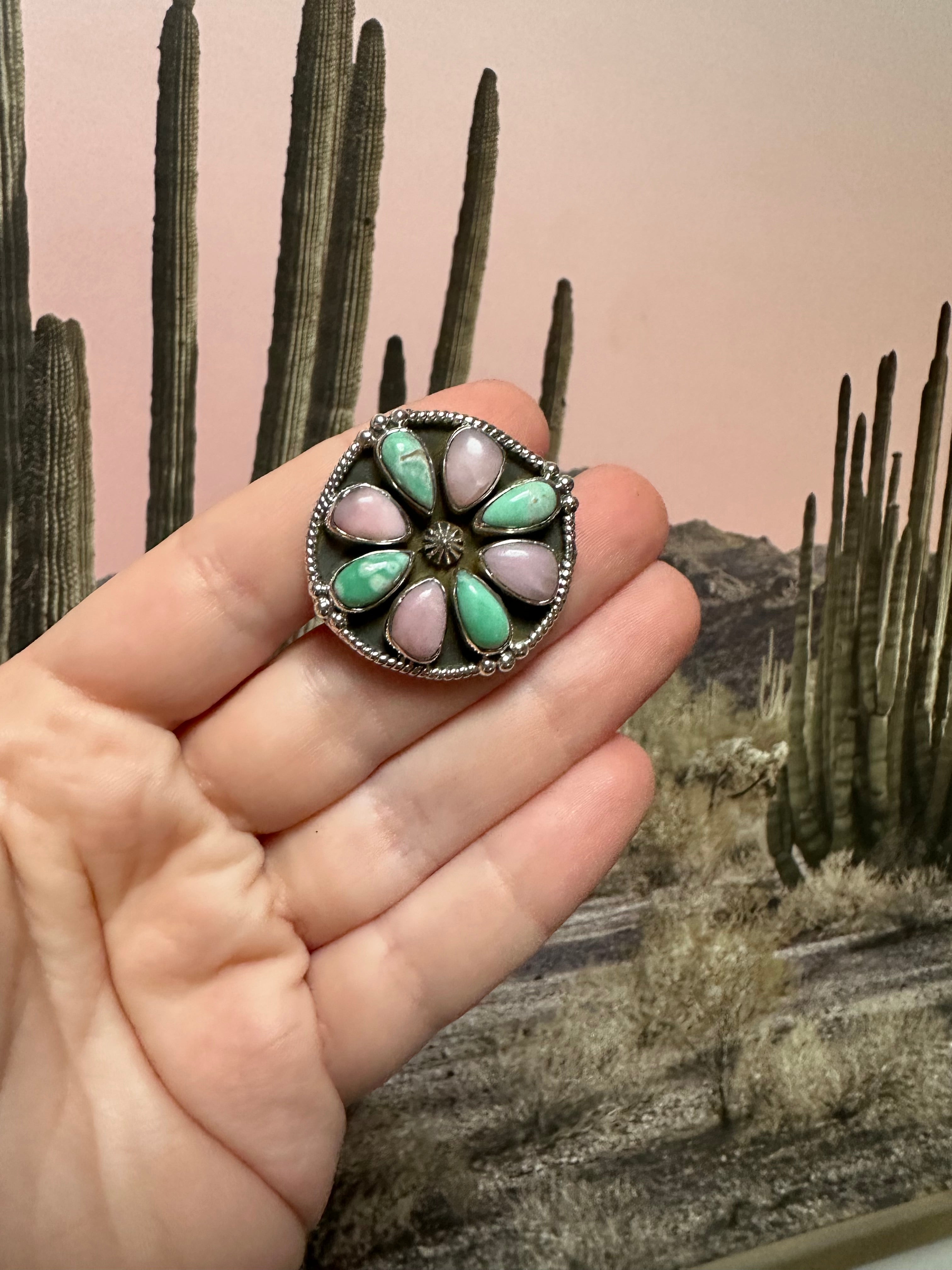 Beautiful Handmade Pink Conch, Turquoise And Sterling Silver Adjustable Circle Ring