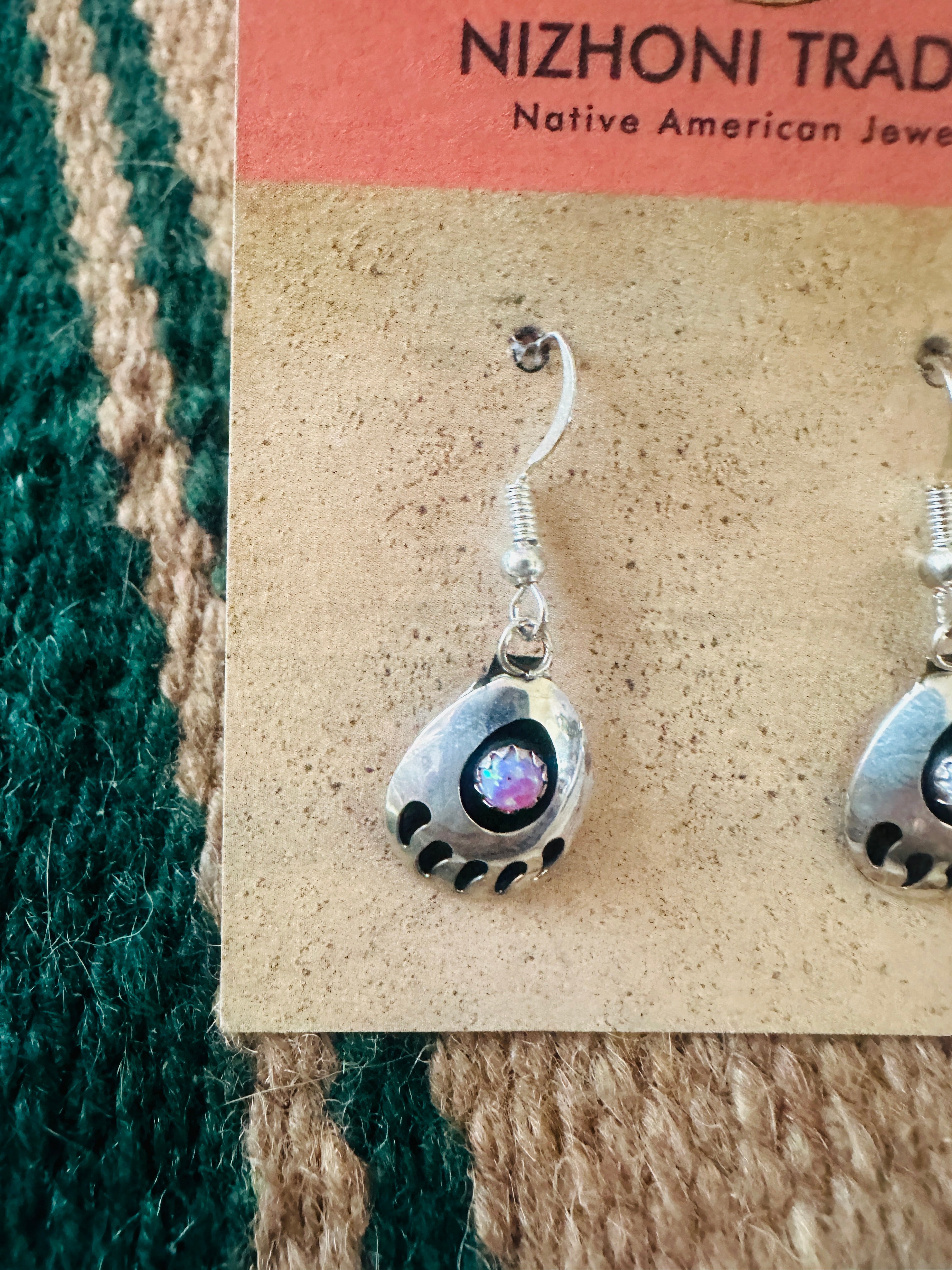 Navajo Light Pink Opal & Sterling Silver Bear Paw Dangle Earrings