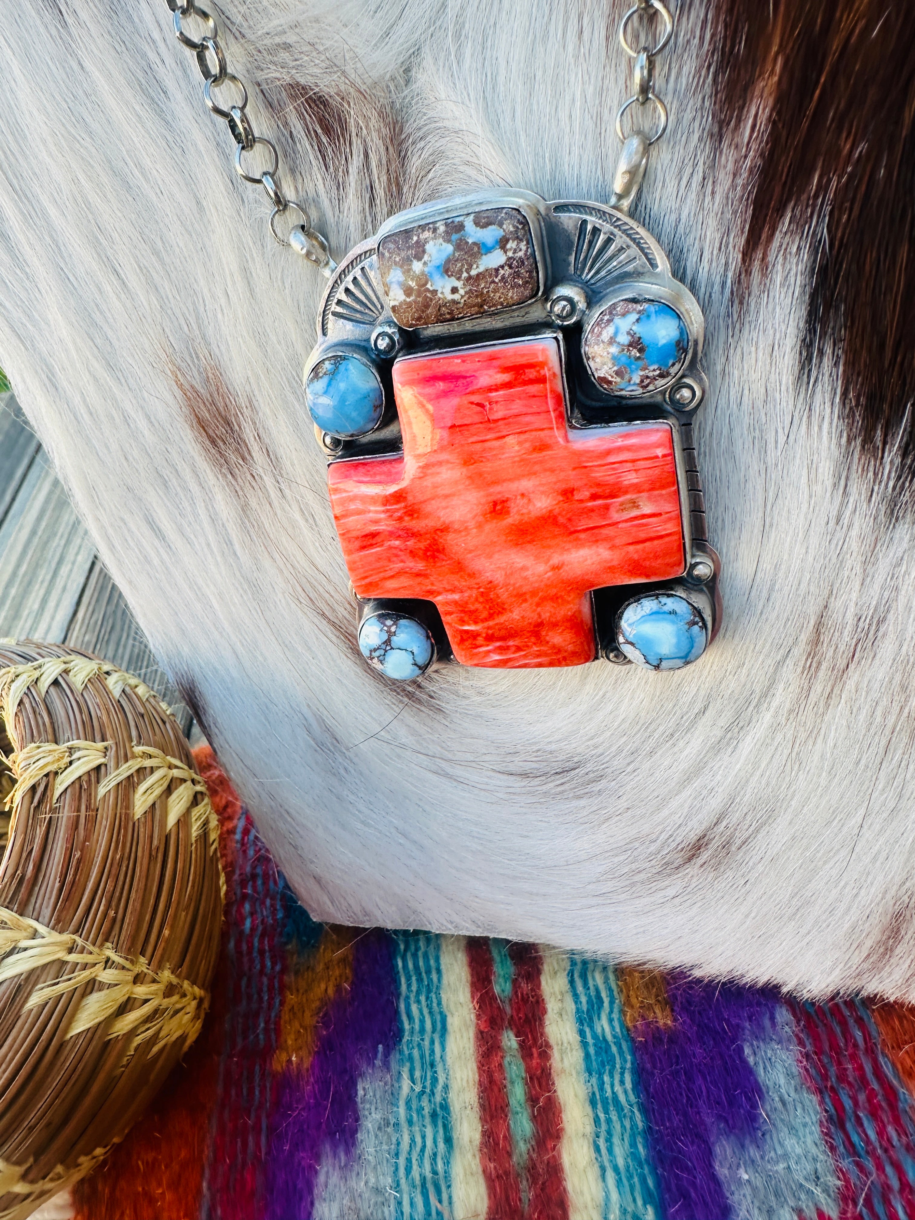 Handcrafted Spiny Oyster, Turquoise & Sterling Silver Cross Necklace