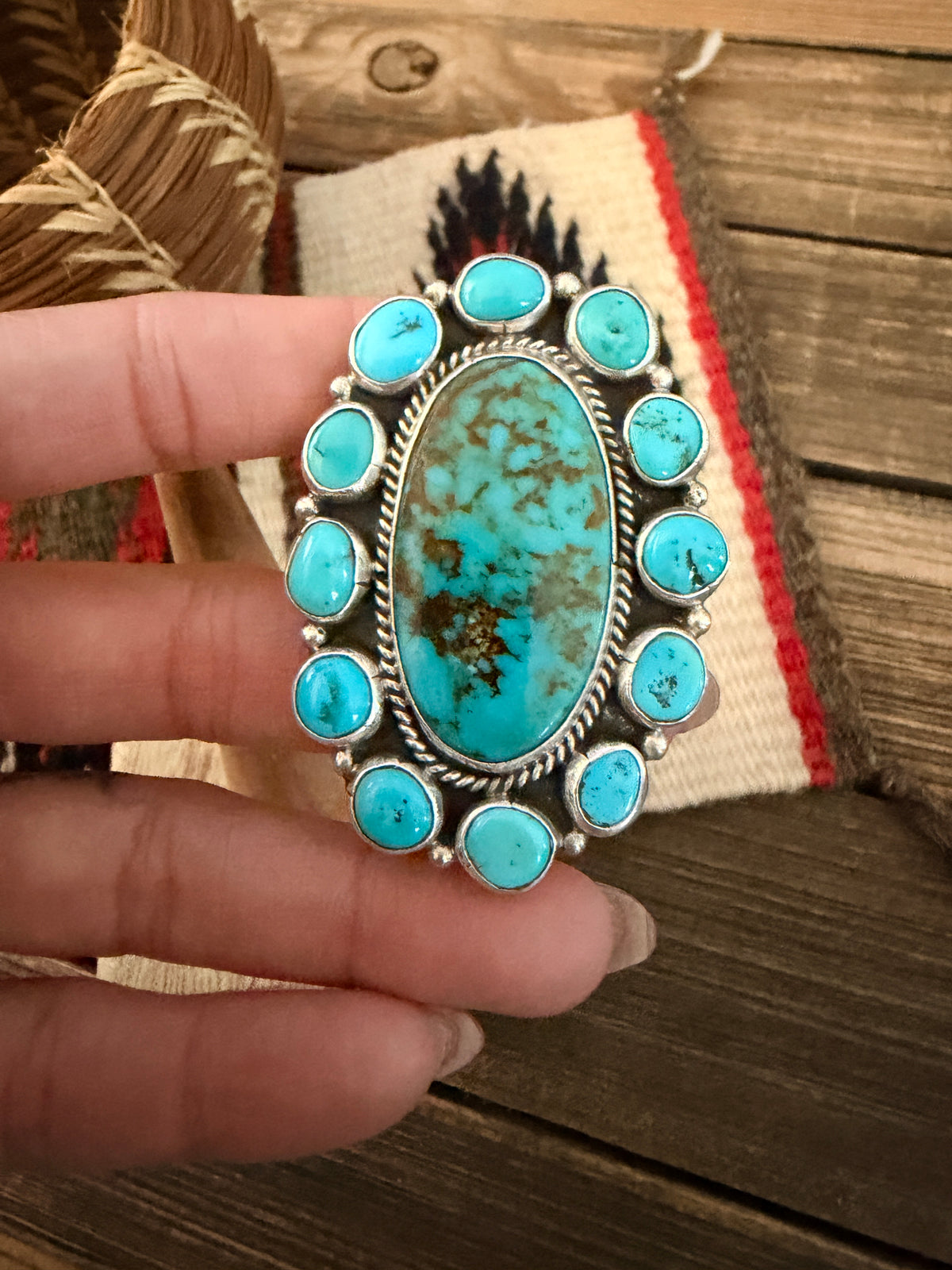 Handcrafted Kingman Turquoise & Sterling Silver Cluster Adjustable Ring by Aaron David