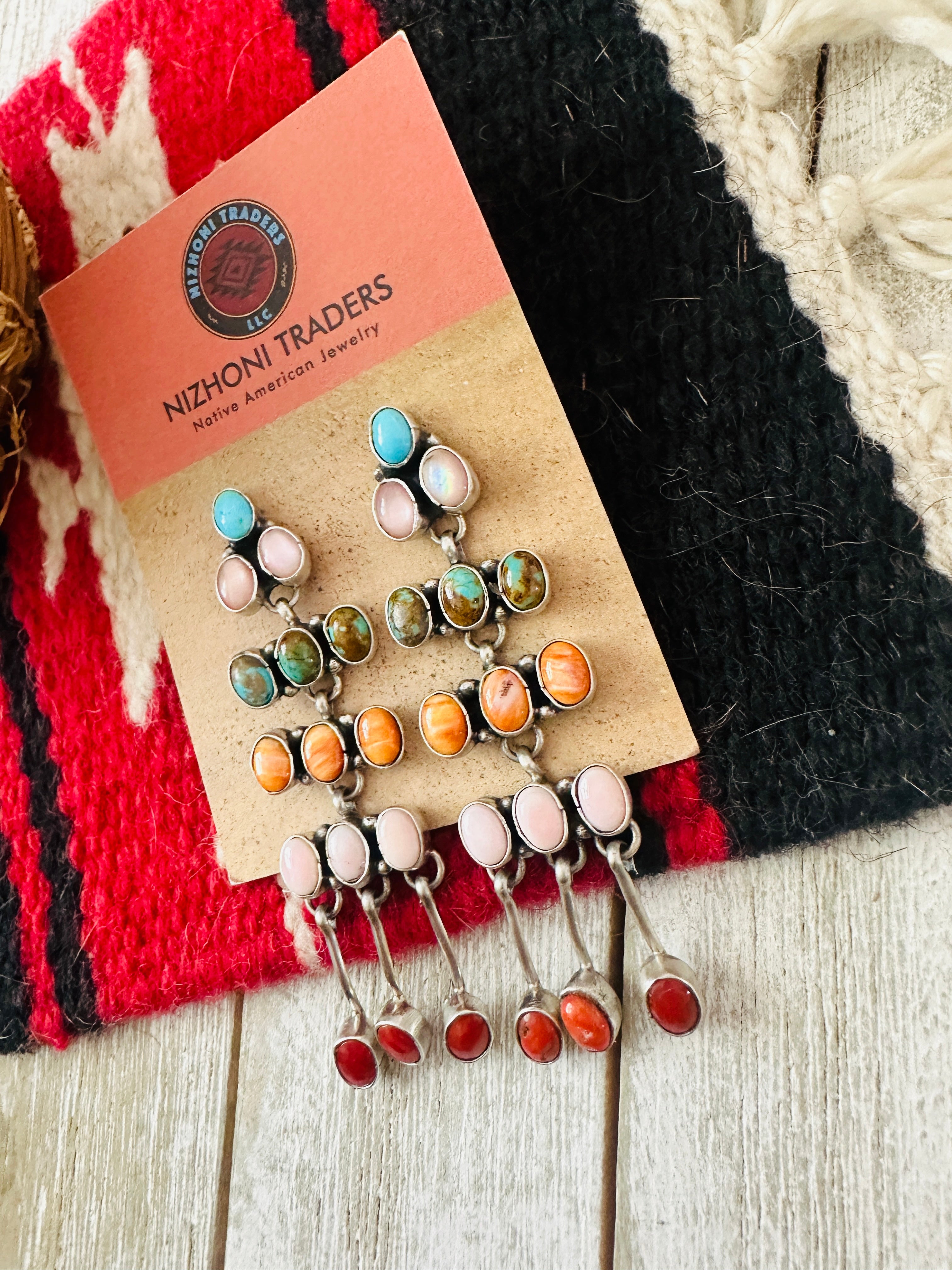 Navajo Multi Stone & Sterling Silver Chandelier Dangle Earrings by Marcella James