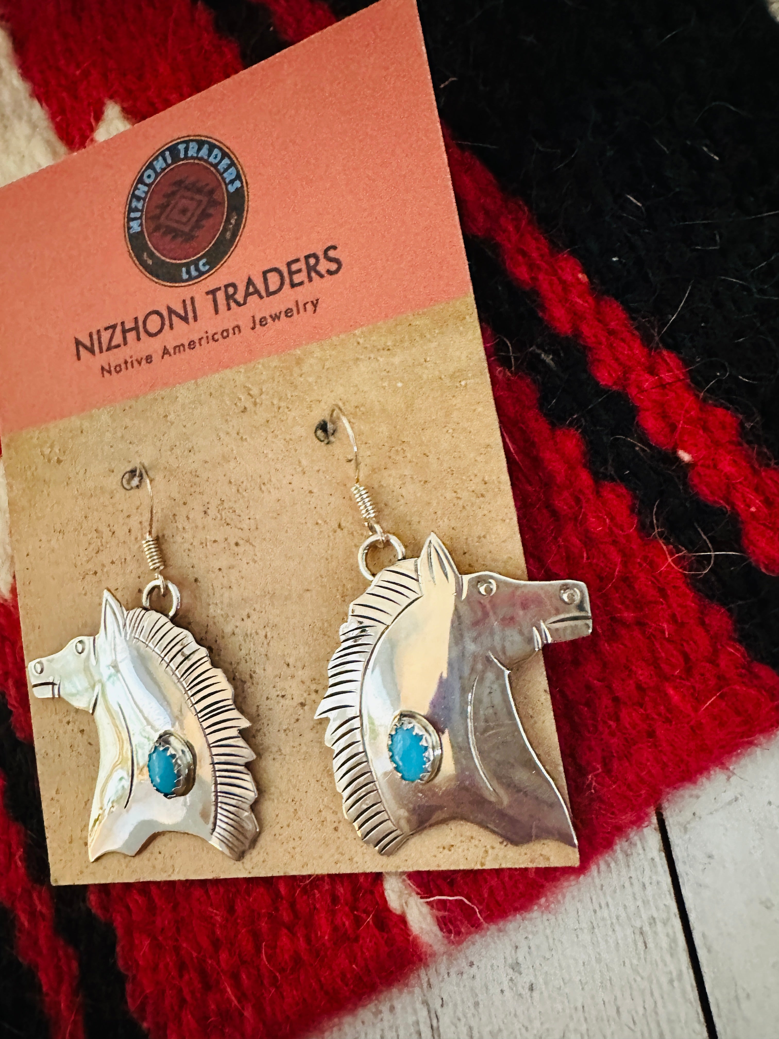 Navajo Turquoise & Sterling Silver Horse Dangle Earrings Signed