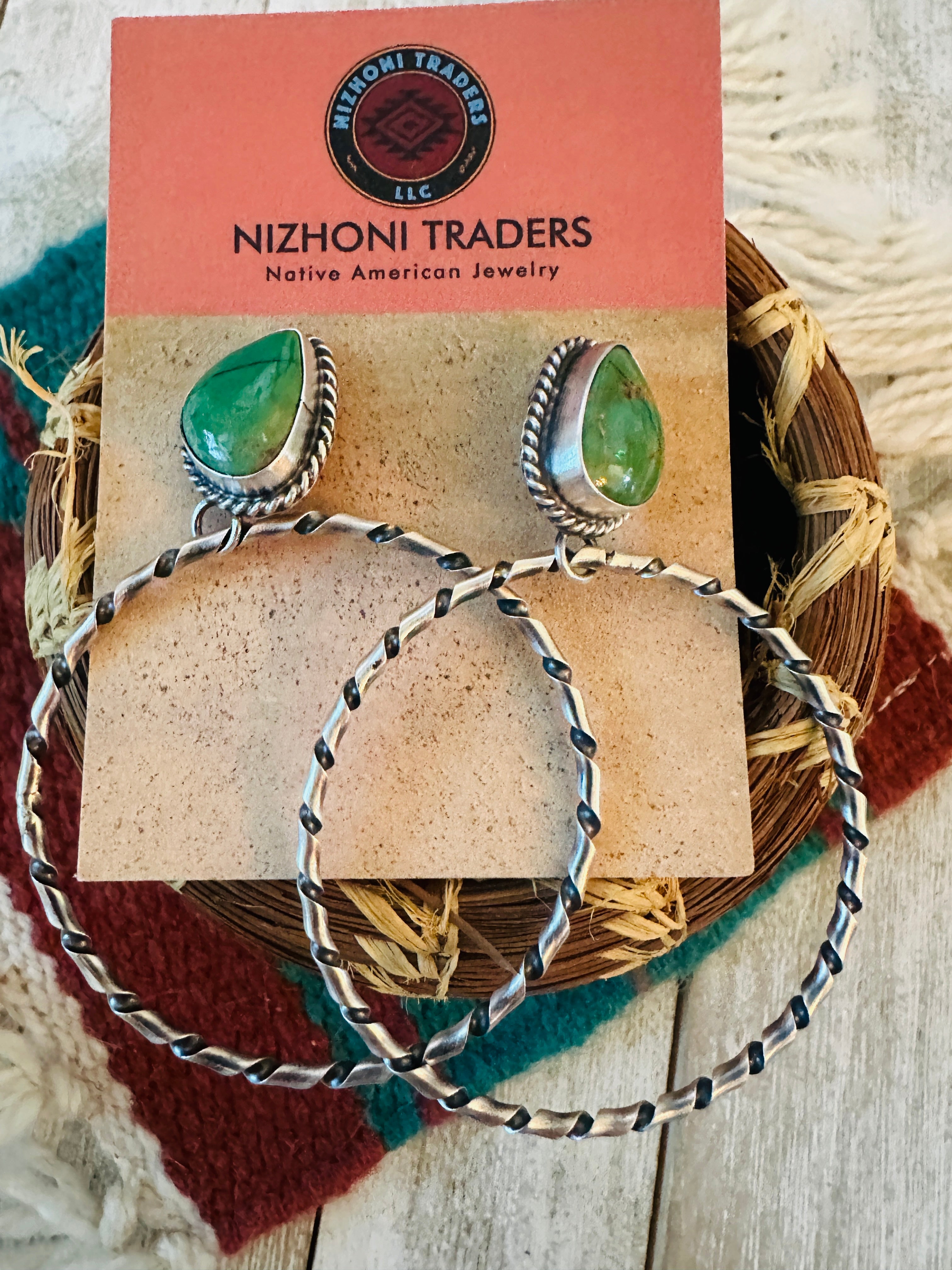 Navajo Turquoise and Sterling Silver Dangle Hoop Earrings