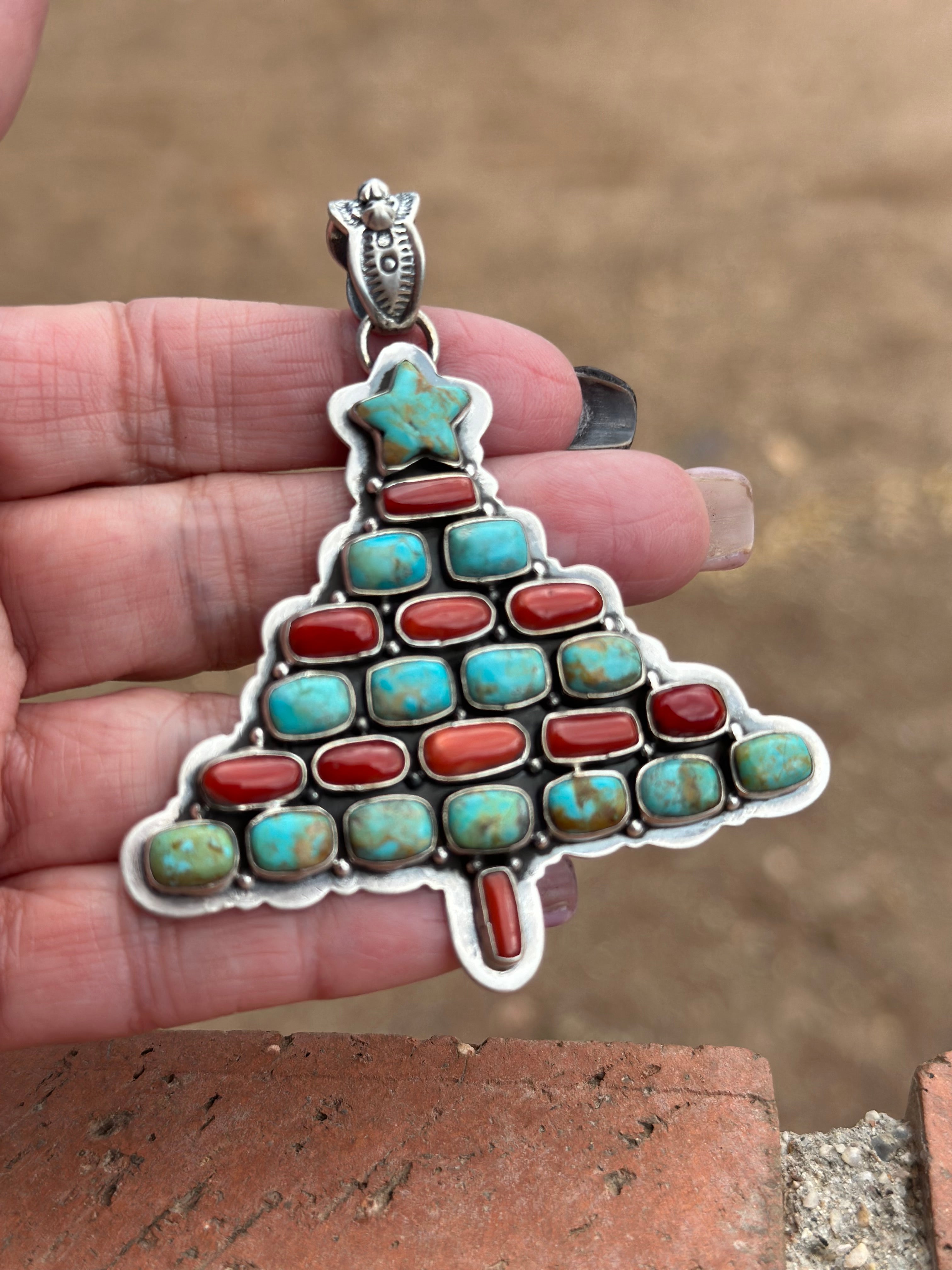 Handmade Sterling Silver, Coral & Turquoise Christmas Tree Pendant