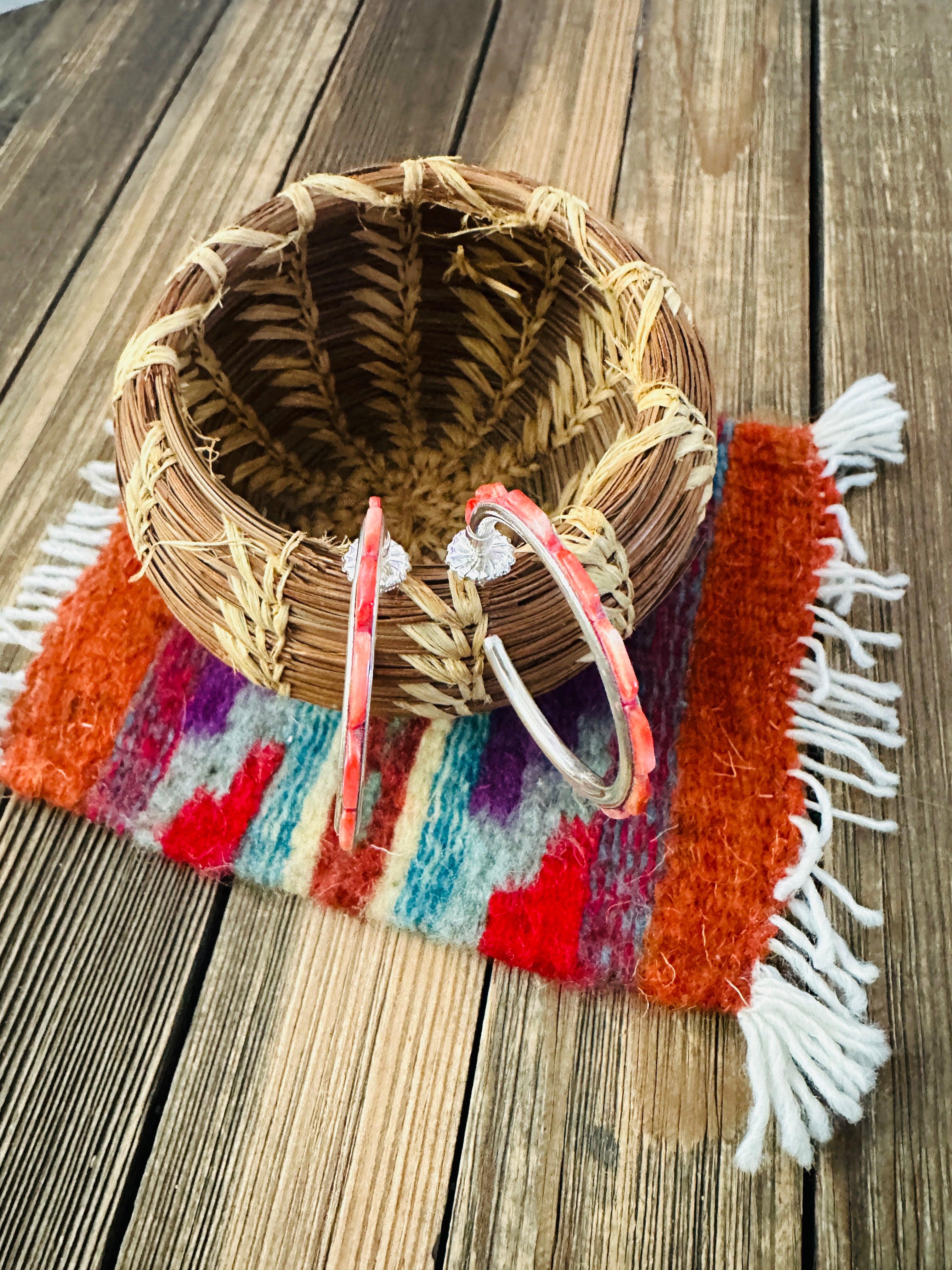 Handcrafted Spiny Oyster & Sterling Silver Hoop Earrings by Federico Jimenez