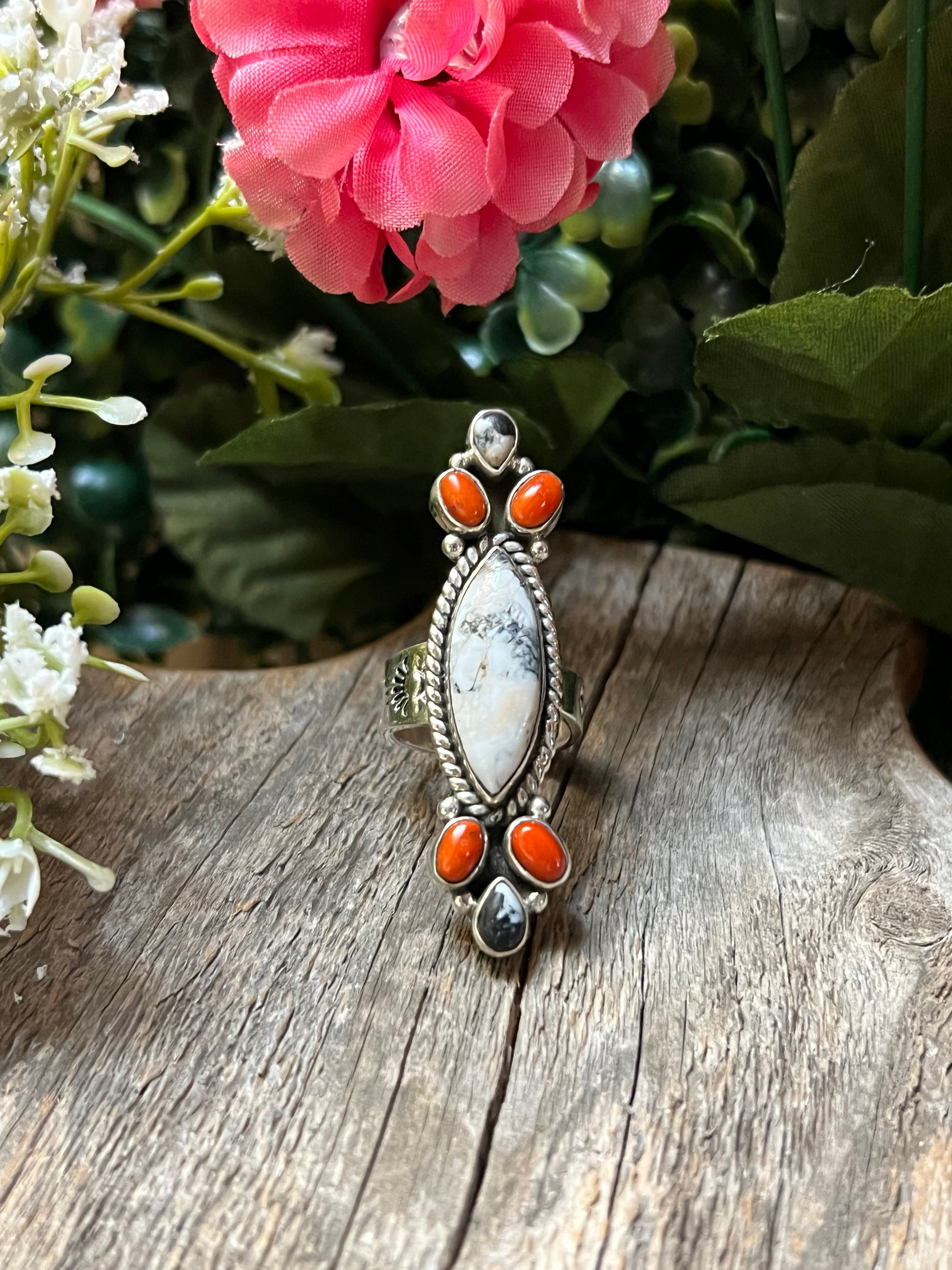 Handmade White Buffalo & Coral Stones Cluster Sterling Silver Adjustable Ring