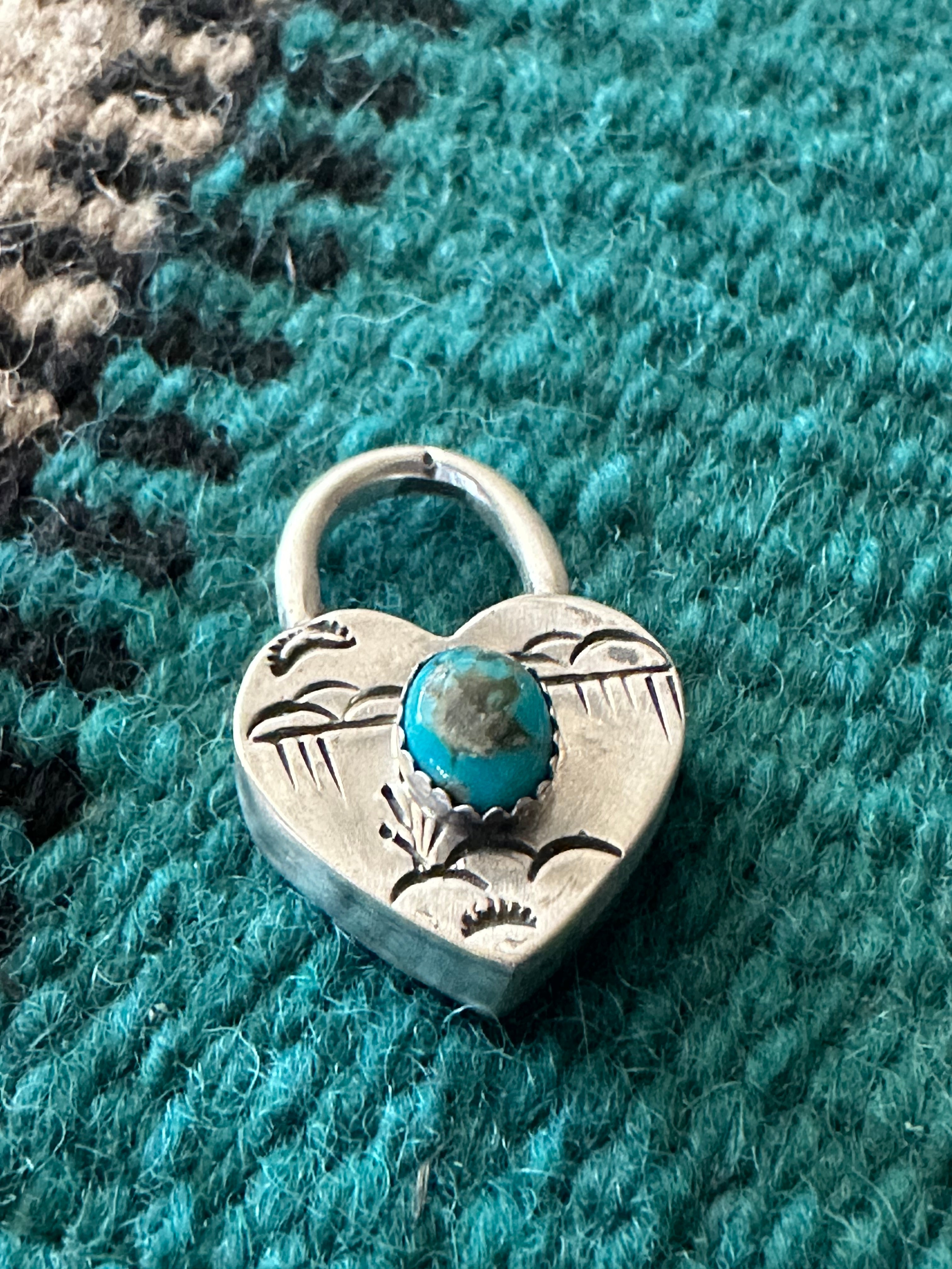 Navajo Turquoise & Sterling Silver Heart Locket Pendant Signed Russell Sam BLUE TONES