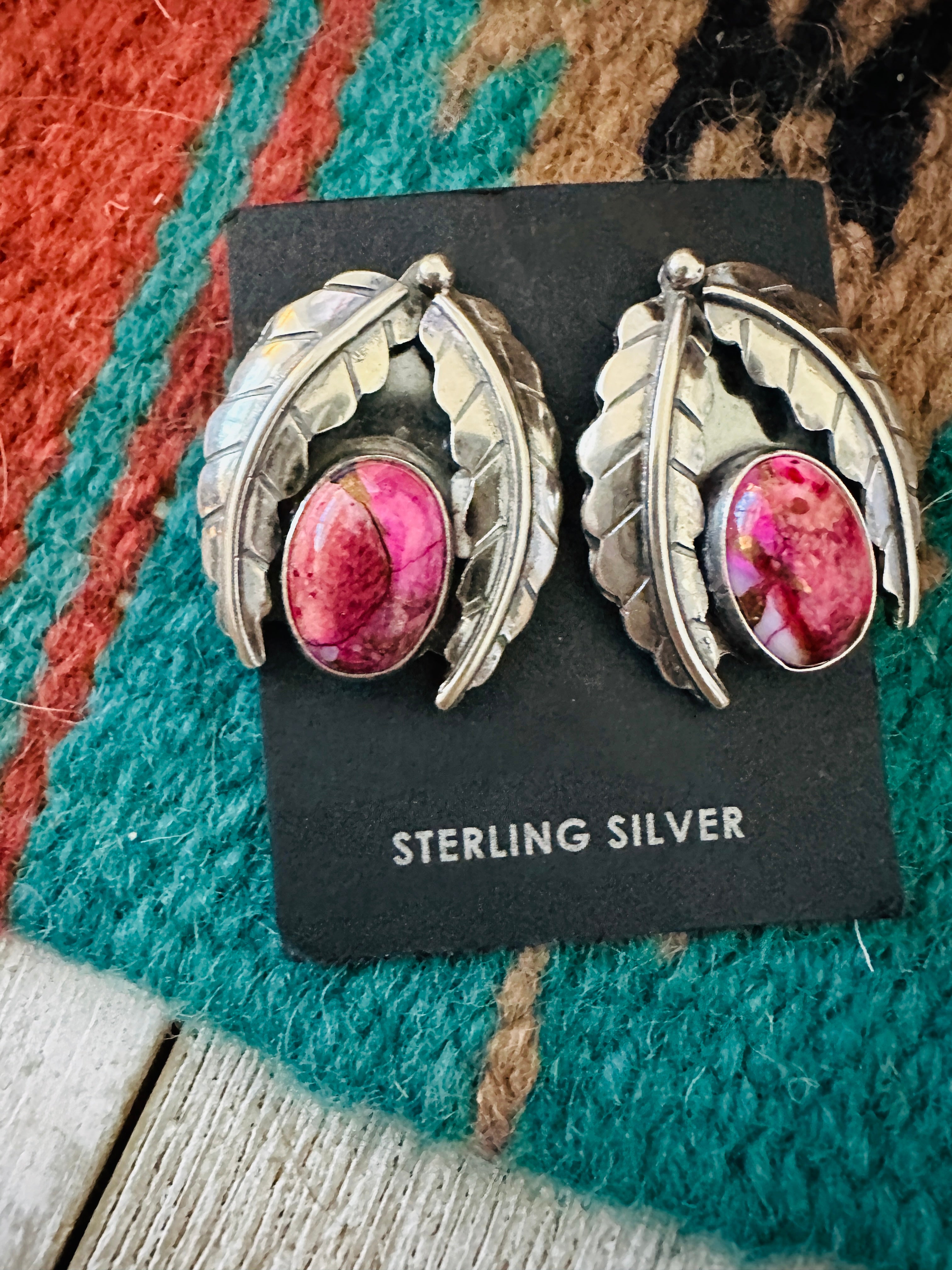 Navajo Pink Mojave & Sterling Silver Leaf Post Earrings