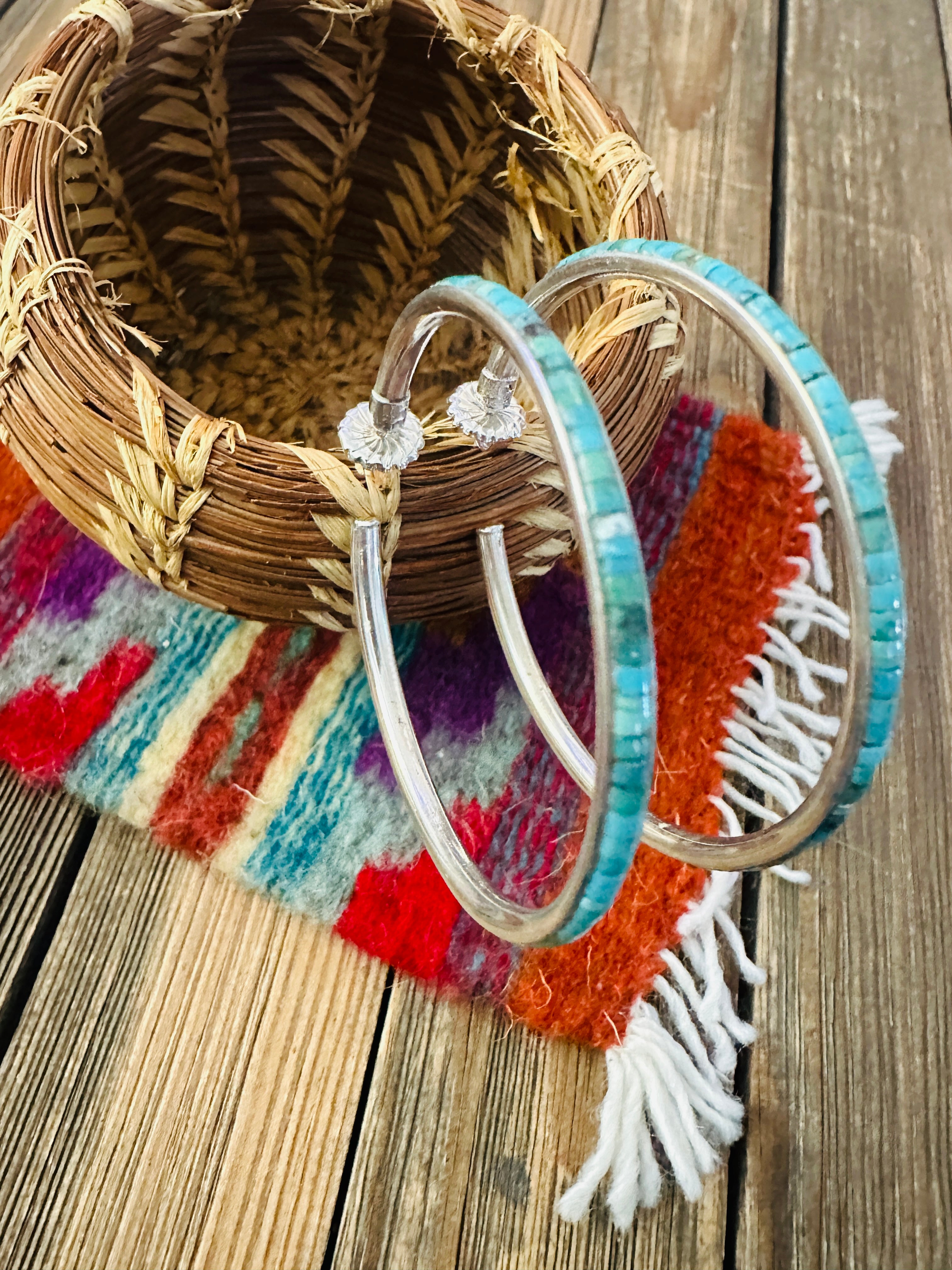 Handcrafted Turquoise & Sterling Silver Hoop Earrings by Federico Jimenez