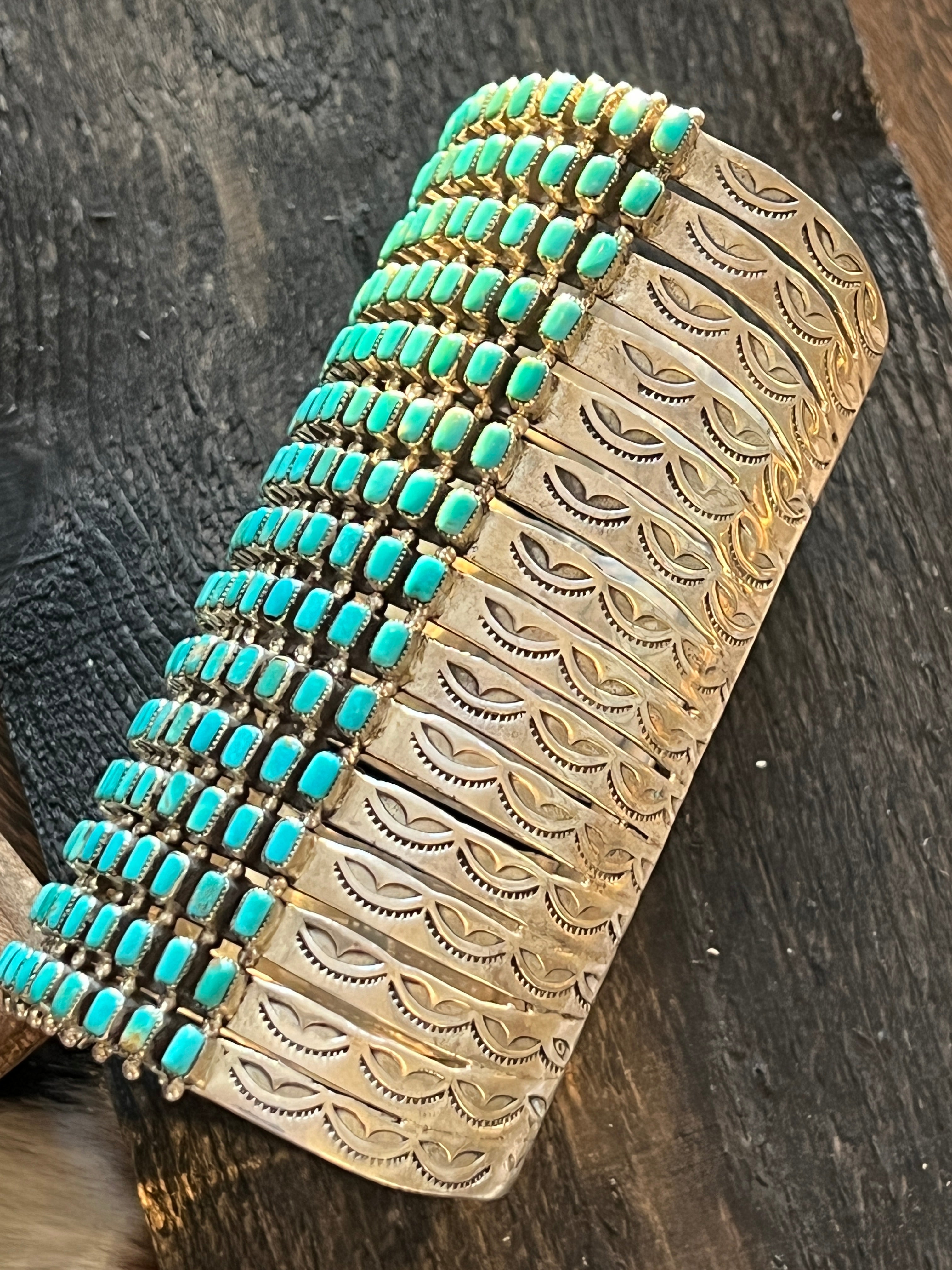 Handcrafted Epic Made 15 Row Sterling Silver and Turquoise Gauntlet Style Cuff Bracelet /