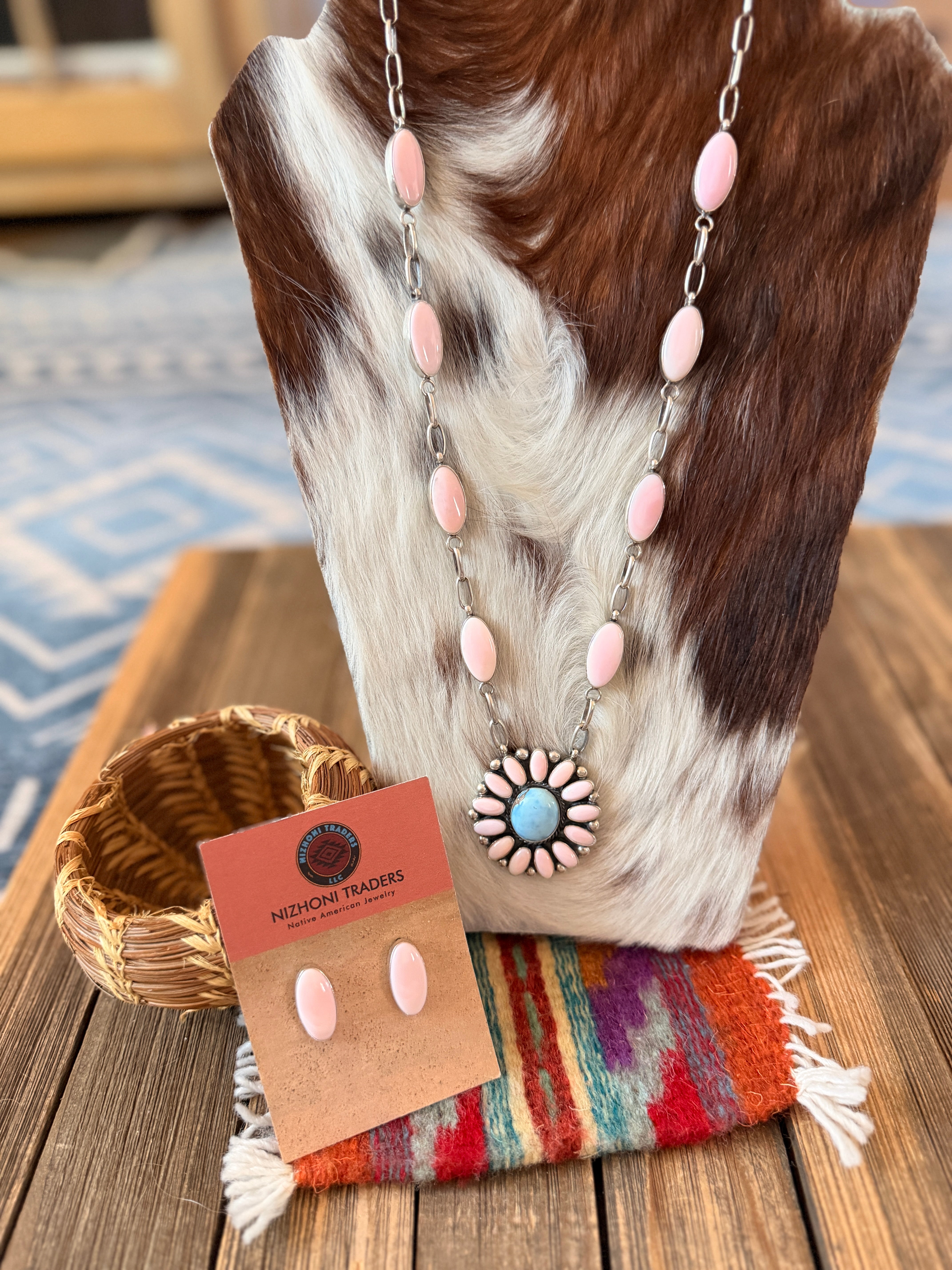 Handcrafted Queen Pink Conch, Turquoise & Sterling Silver Cluster Necklace Set