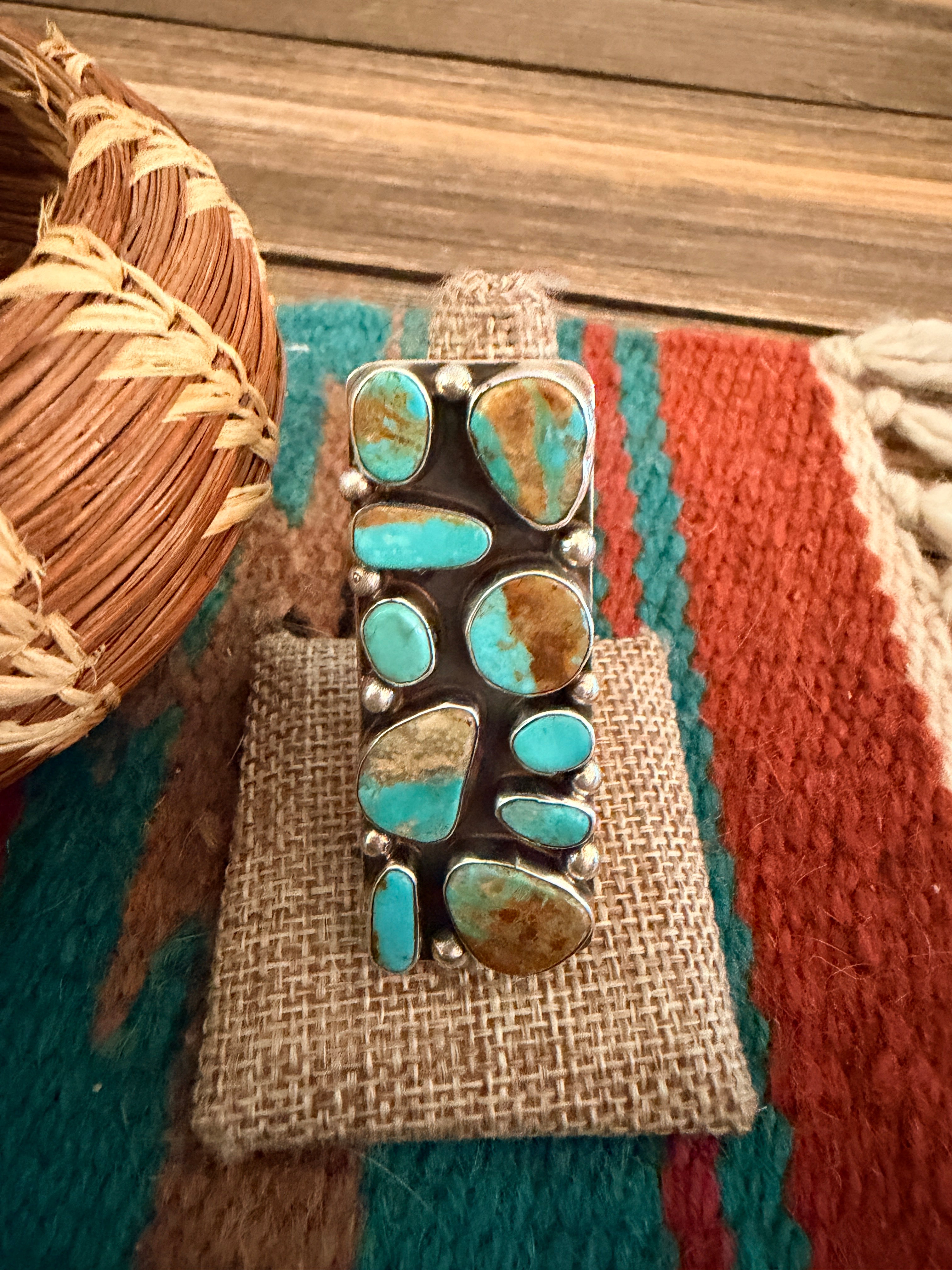 Handcrafted Royston Turquoise Sterling Silver Cluster Adjustable Ring by Jacqueline Silver