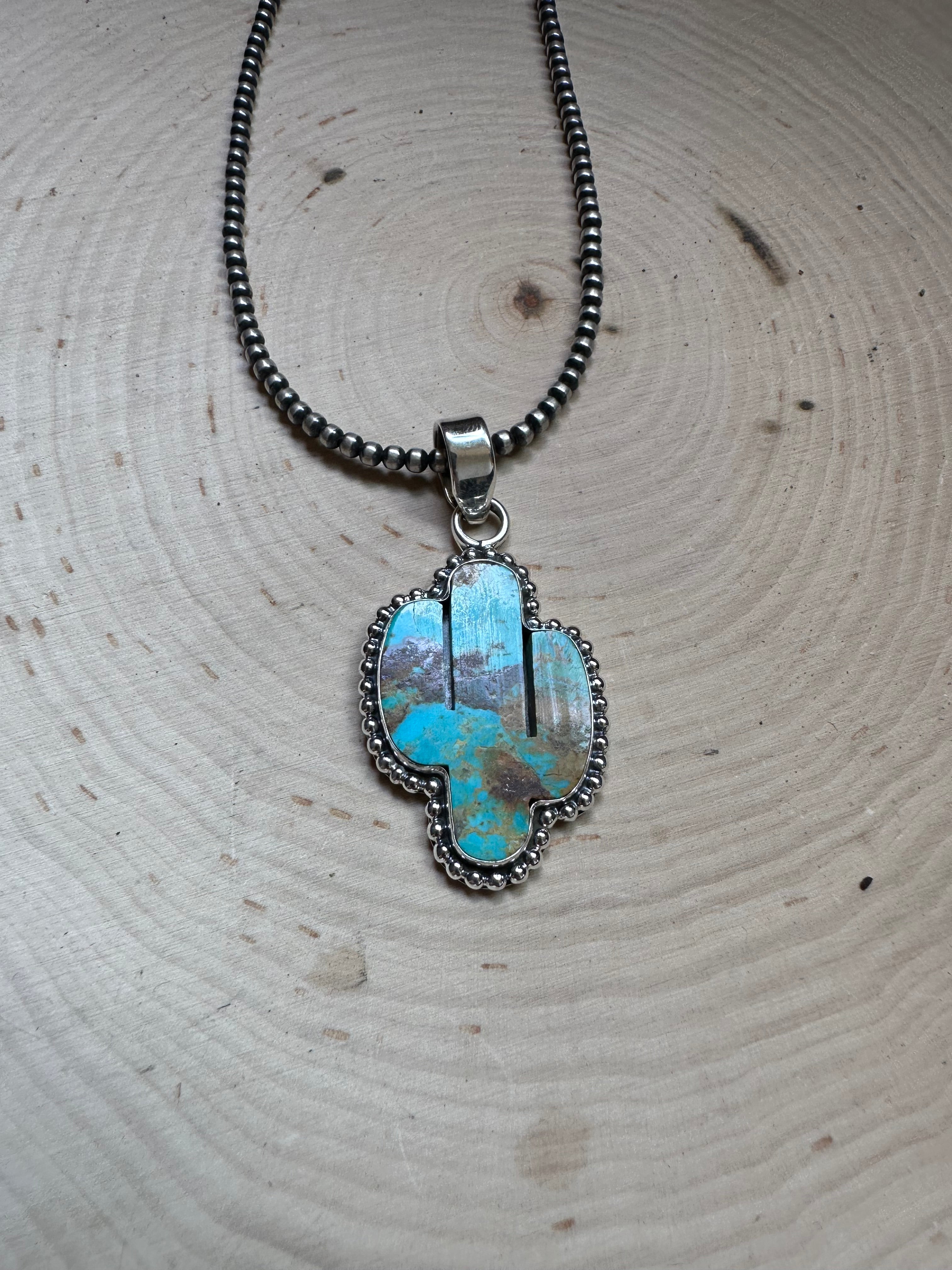 Handmade Sterling Silver Turquoise Saguaro Cactus Pendant