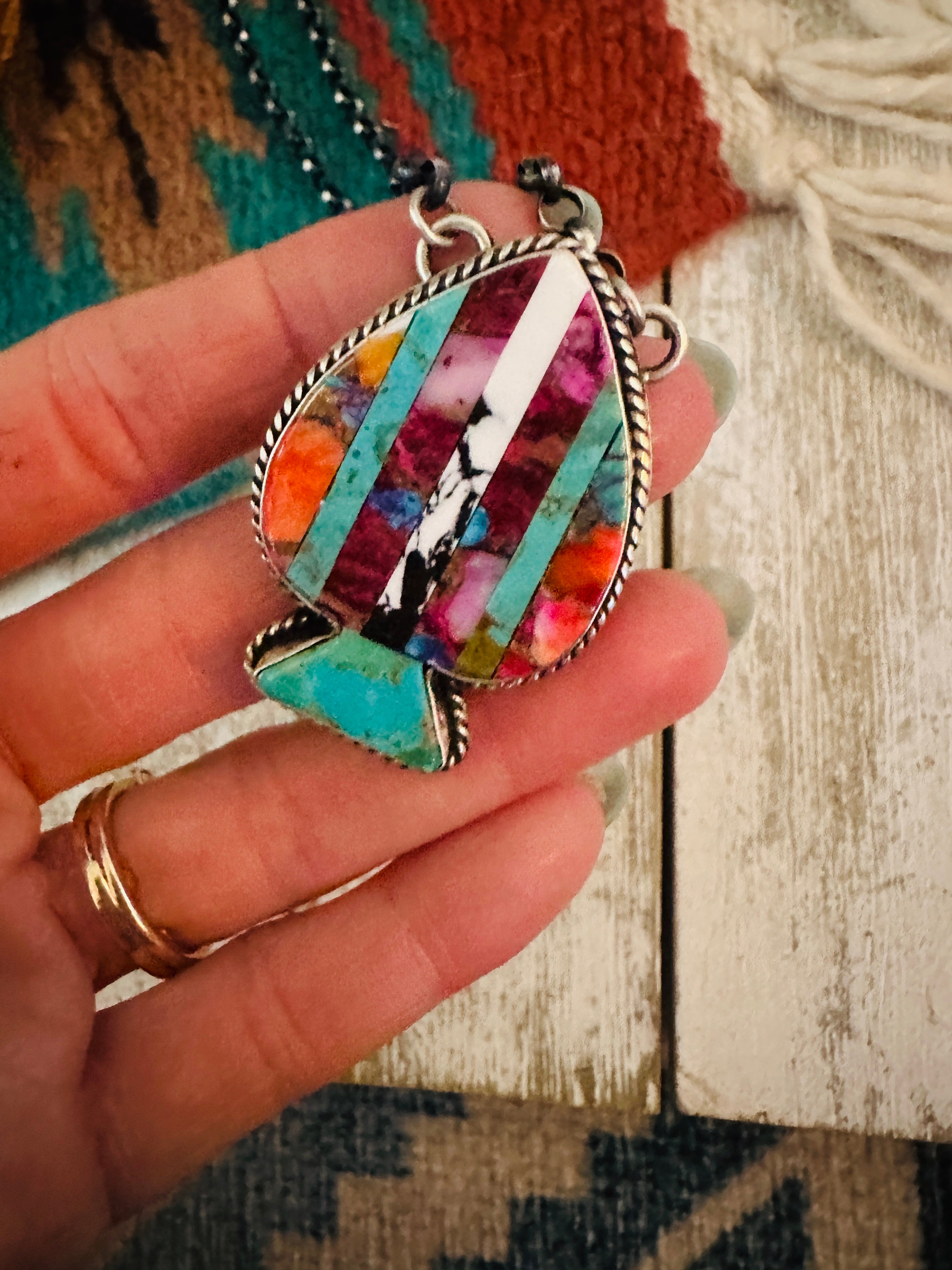 Navajo Sterling Silver & Multi Stone Inlay Spade Necklace