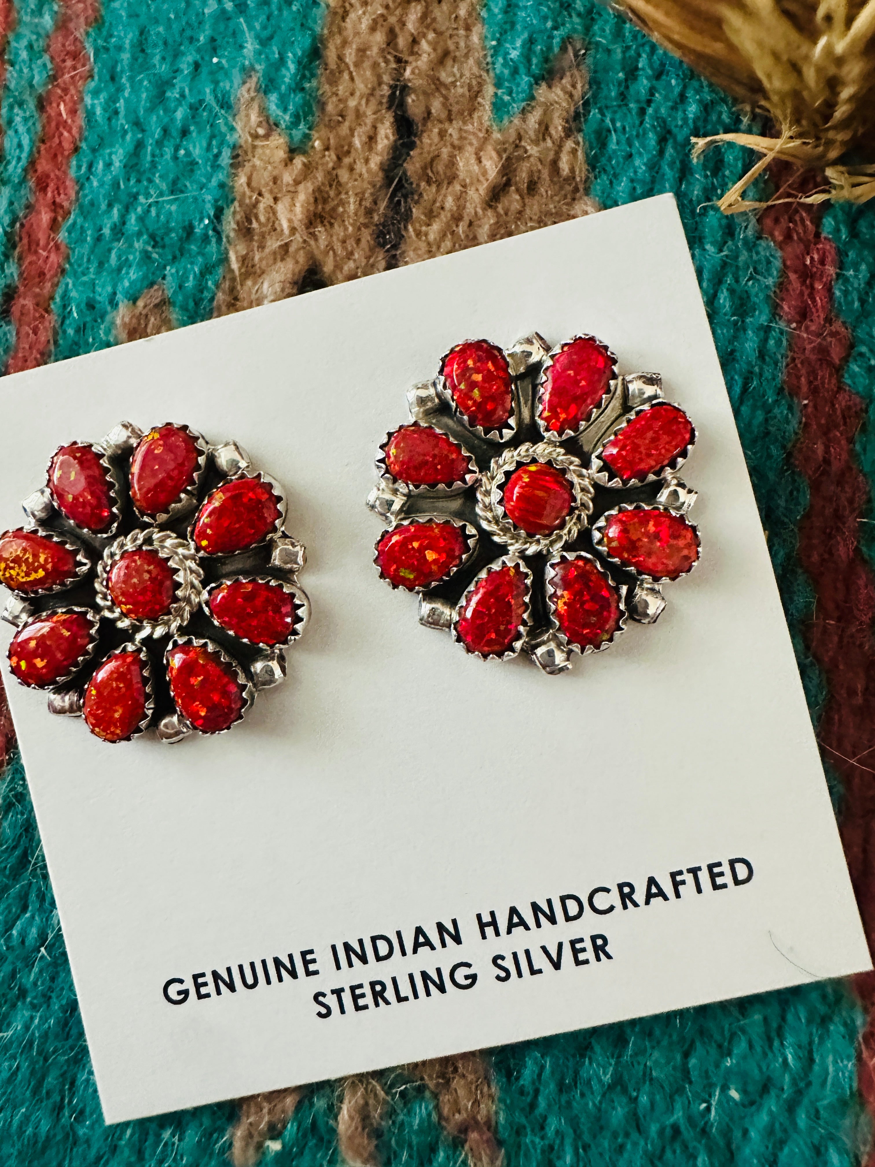 Handcrafted Red Opal & Sterling Silver Cluster Post Earrings