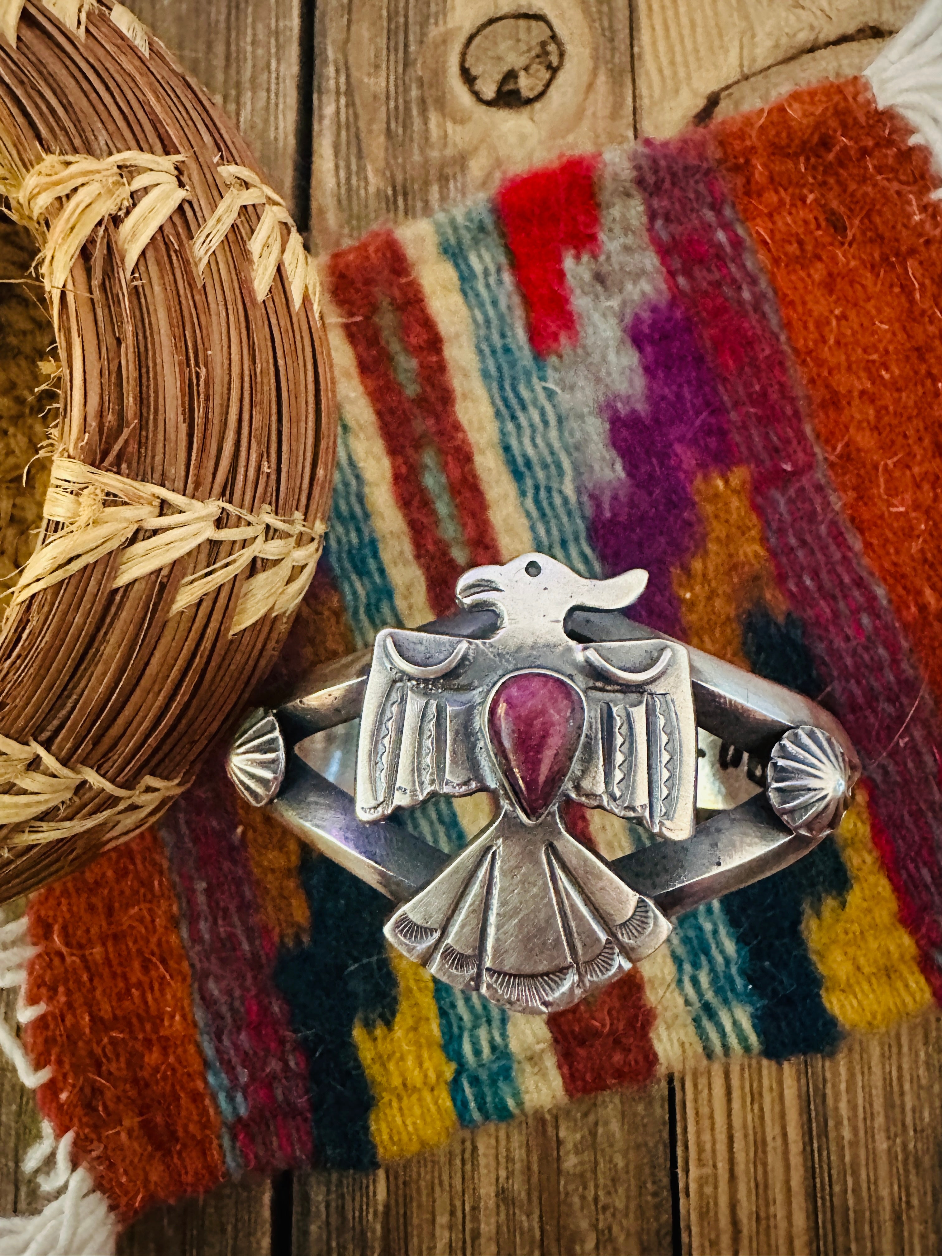 Handcrafted Sterling Silver & Purple Spiny Oyster Thunderbird Cuff Bracelet by Chimney Butte