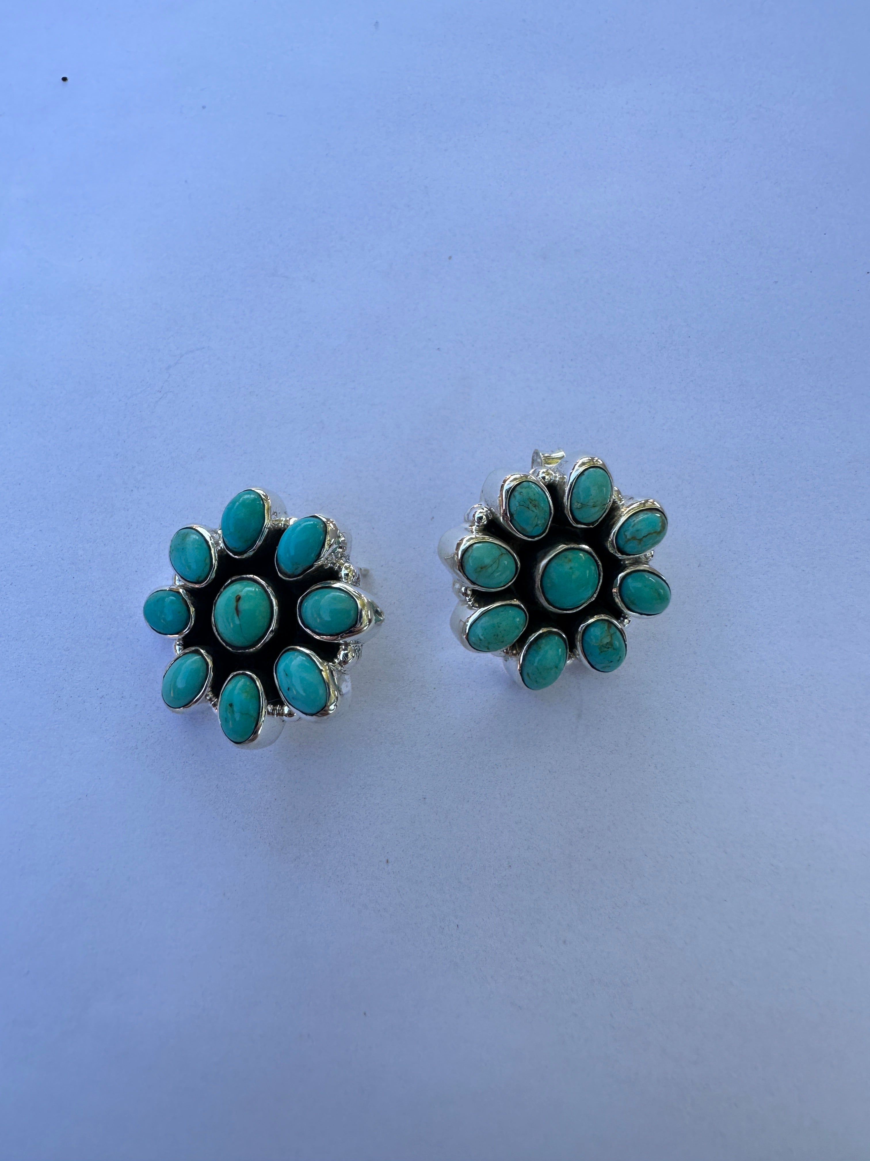 Handmade Flower Sterling Silver & Turquoise Post Earrings Signed Nizhoni