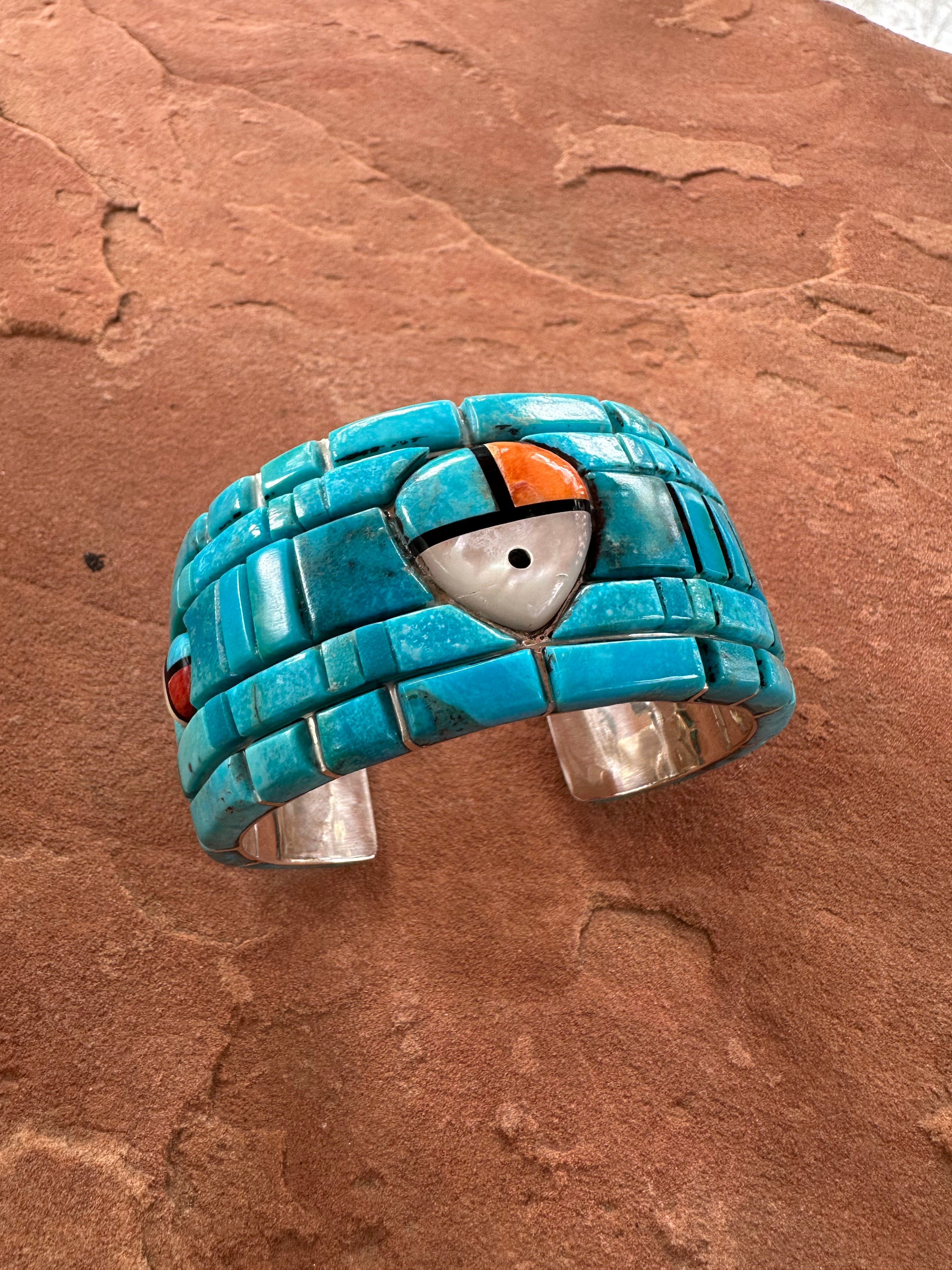 Handmade Sterling Silver Multi Stone Southwest Inlay Sunface Cuff