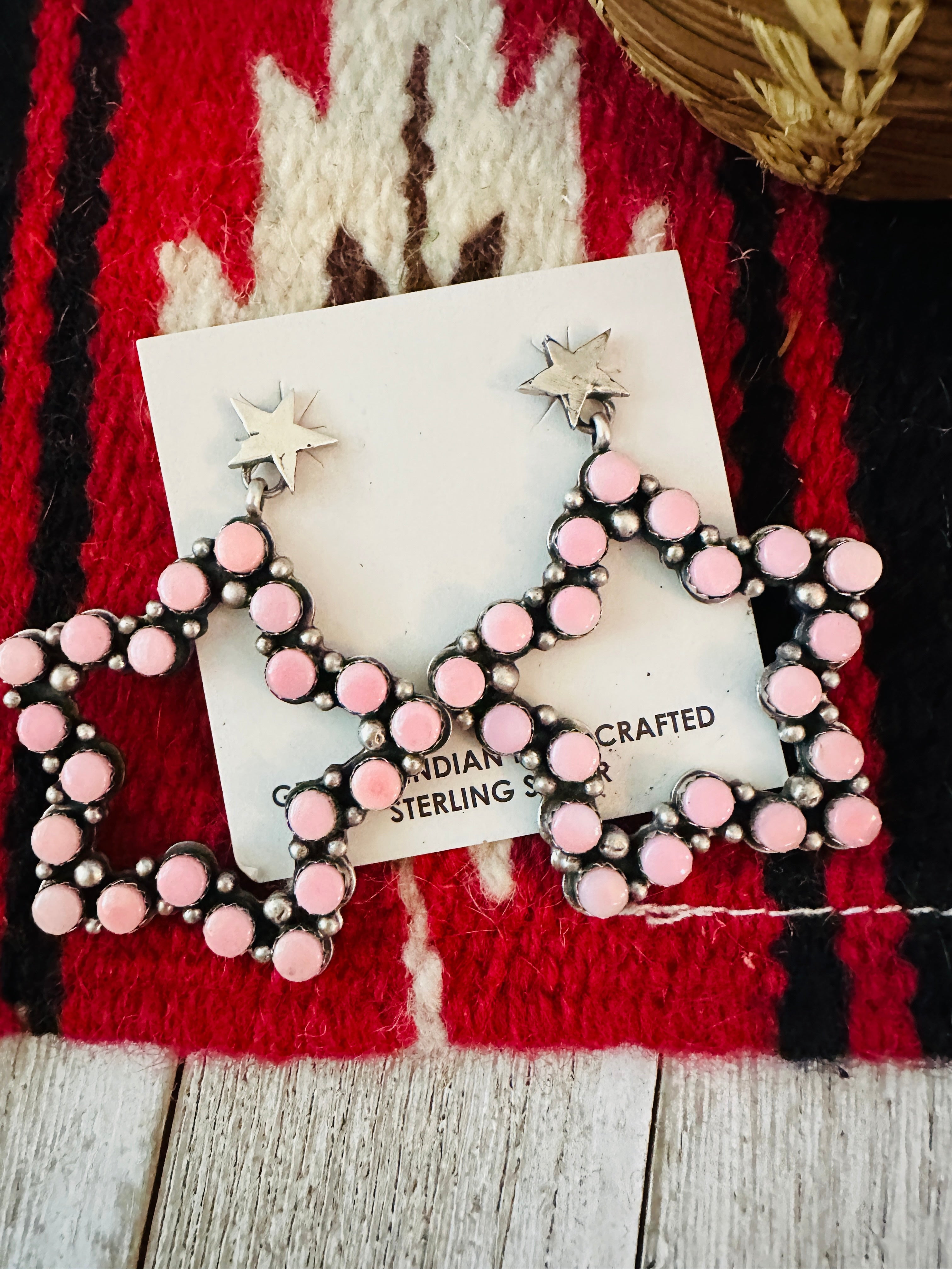 Handcrafted Queen Pink Conch & Sterling Silver Star Dangle Earrings by Charles Johnson