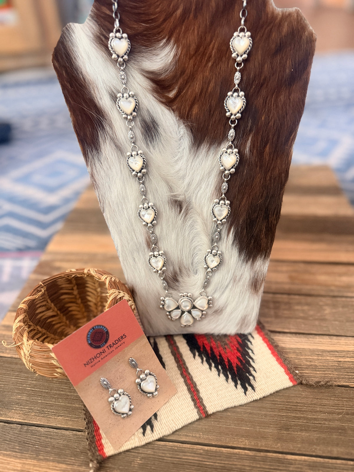 Handcrafted Mother of Pearl & Sterling Silver Cluster Necklace and Earring Set by Fred Francis