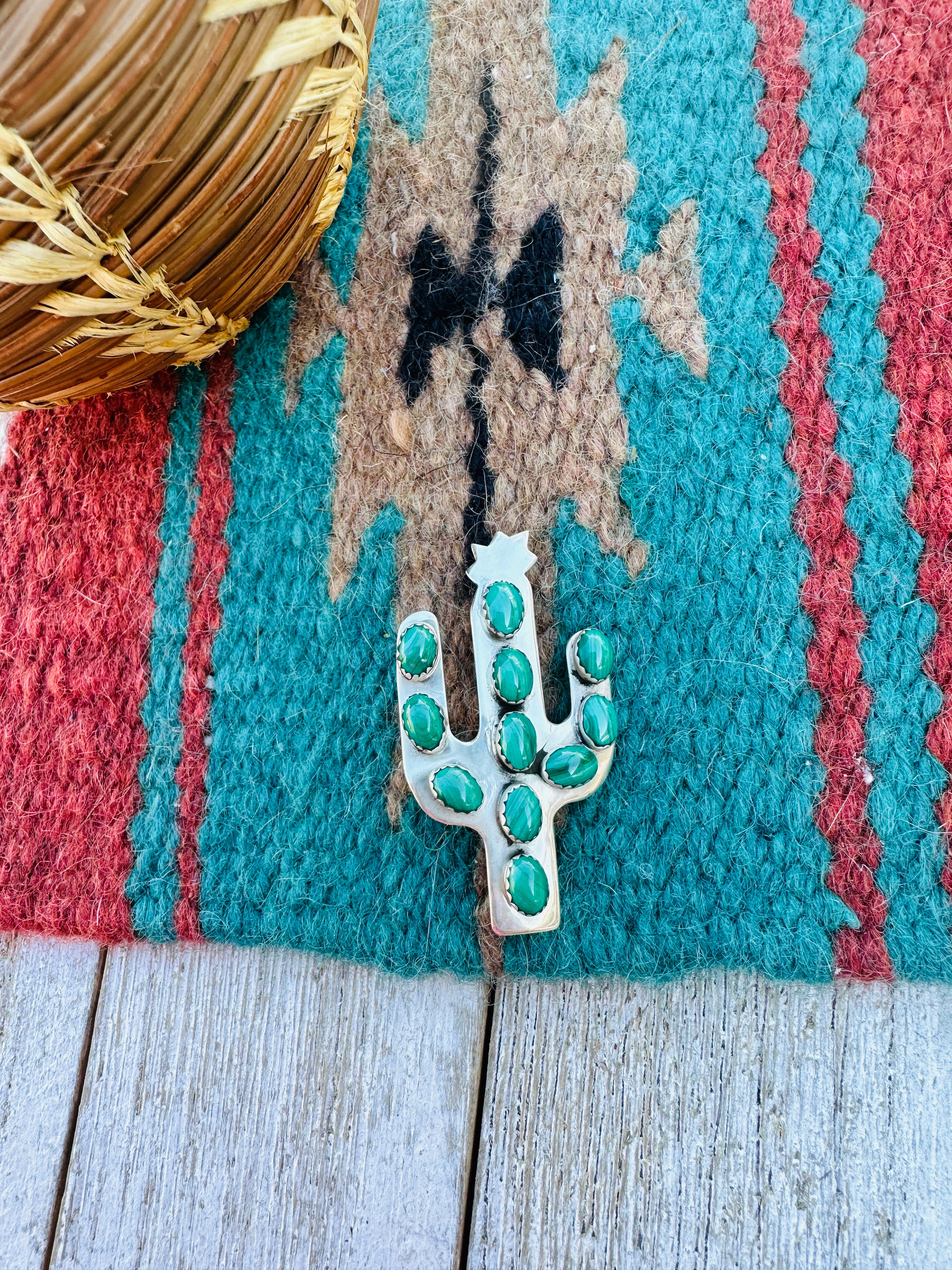 Handcrafted Sterling Silver & Malachite Cactus Brooch by Ella Peter