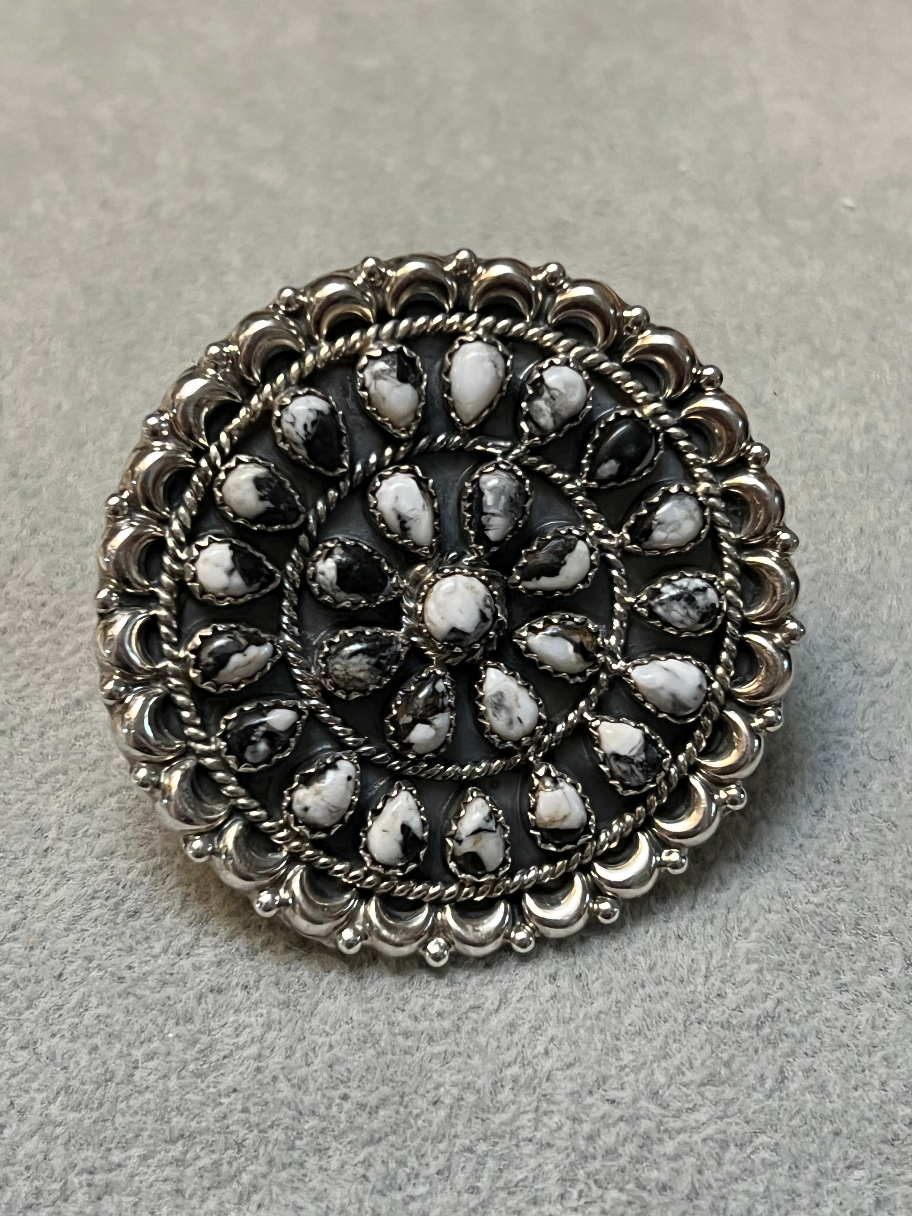 Handmade Sterling Silver & White Buffalo Round Cluster Adjustable Statement Ring