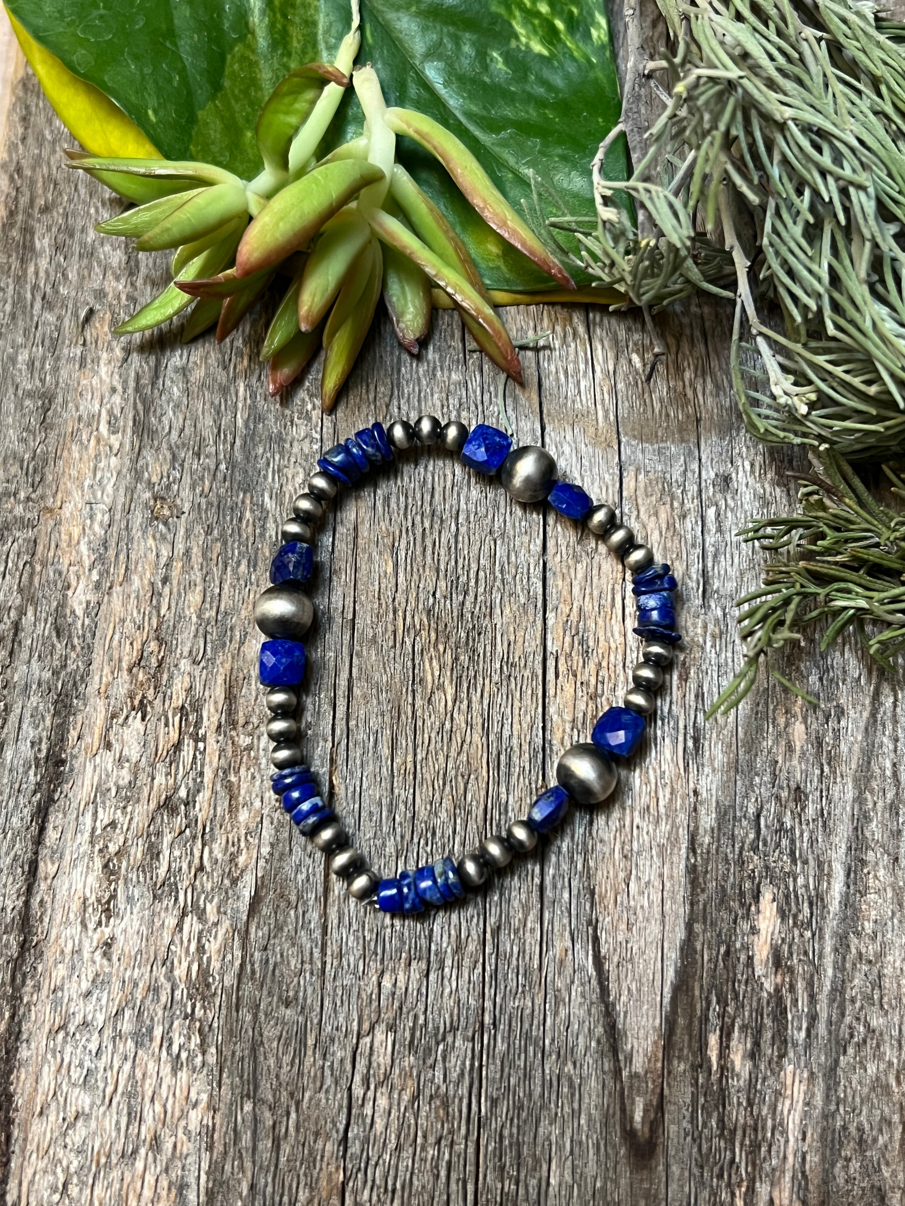 Handmade Lapis & Sterling Silver Beaded Bracelet