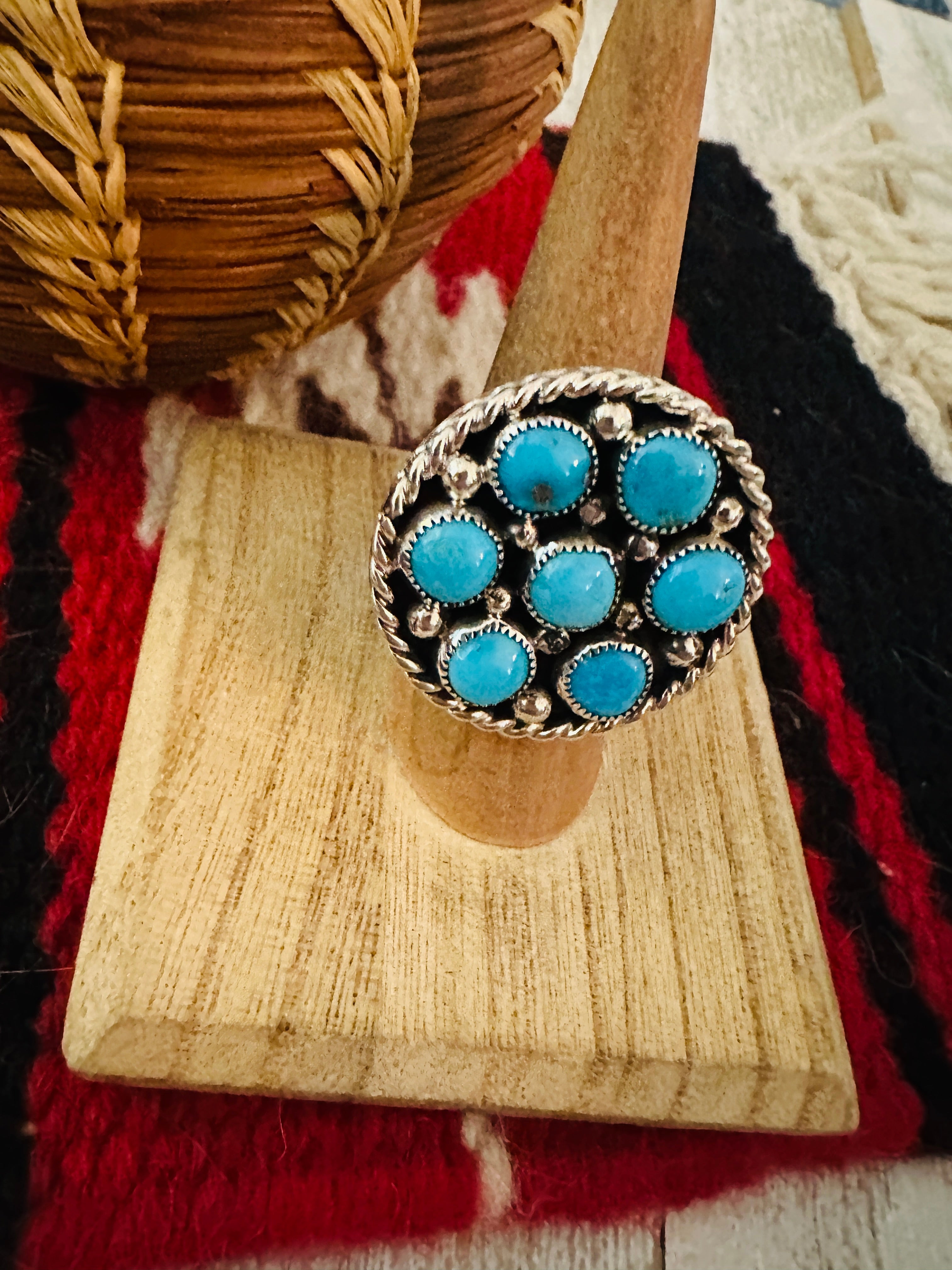 Navajo Sterling Silver & Kingman Turquoise Cluster Adjustable Ring