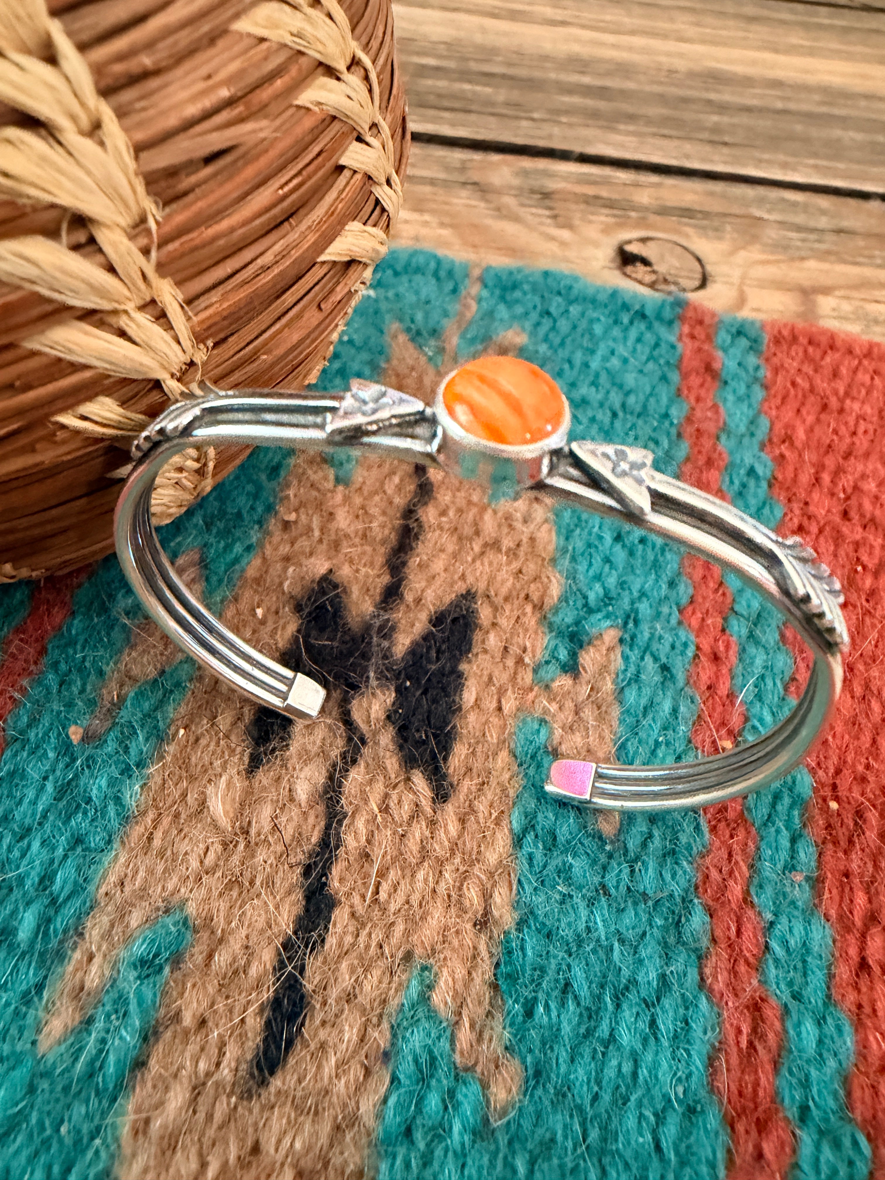 Handcrafted Sterling Silver & Orange Spiny Oyster Arrow Cuff Bracelet