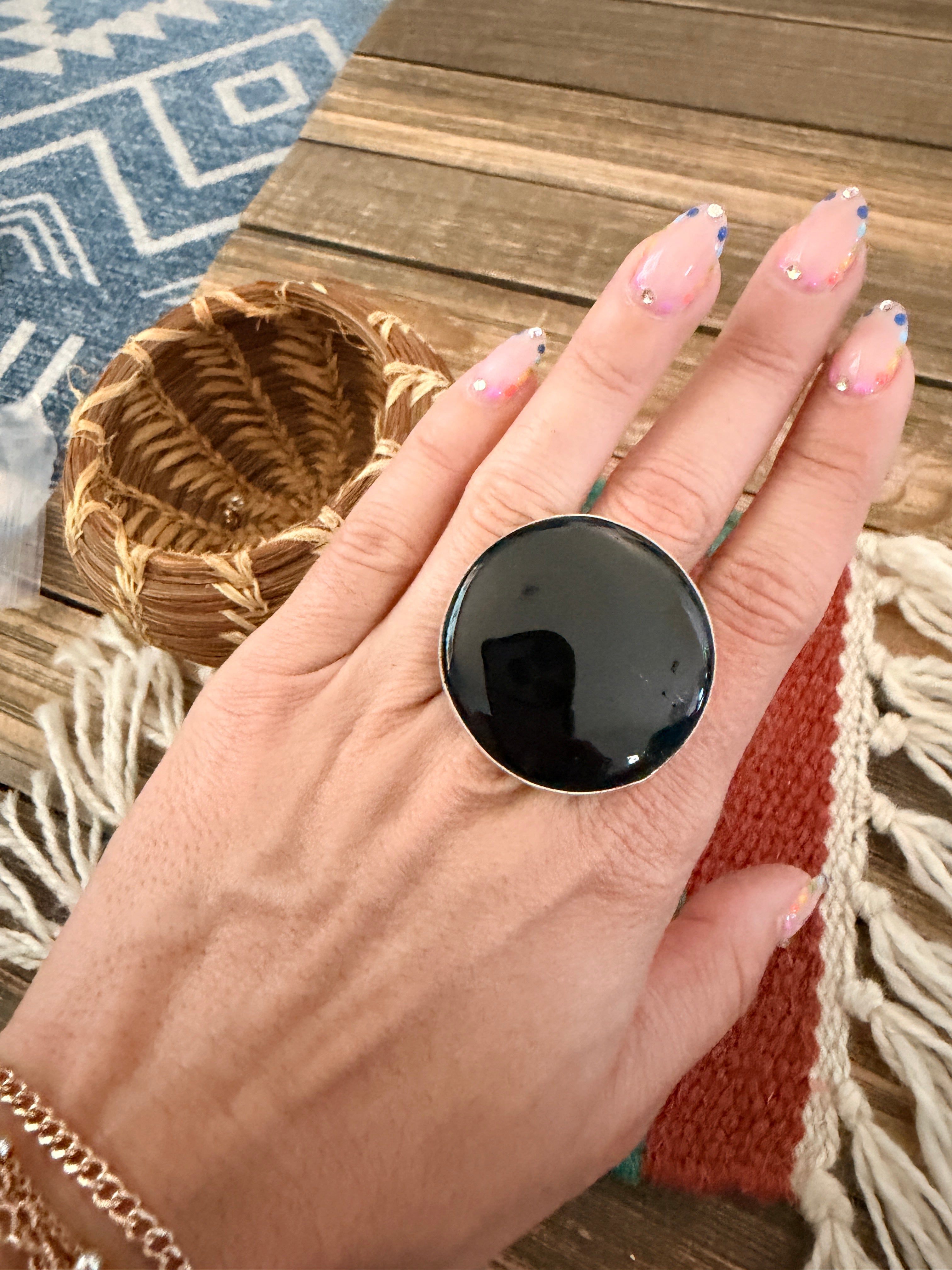Handcrafted Black Onyx & Sterling Silver Ring Size 9