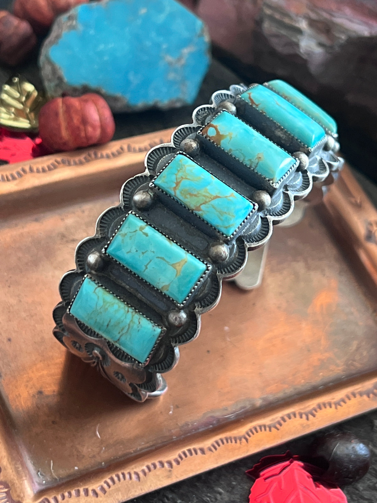 Estate Collection Vintage Sterling Silver and Kingman Turquoise Row Cuff by Tom Lewis