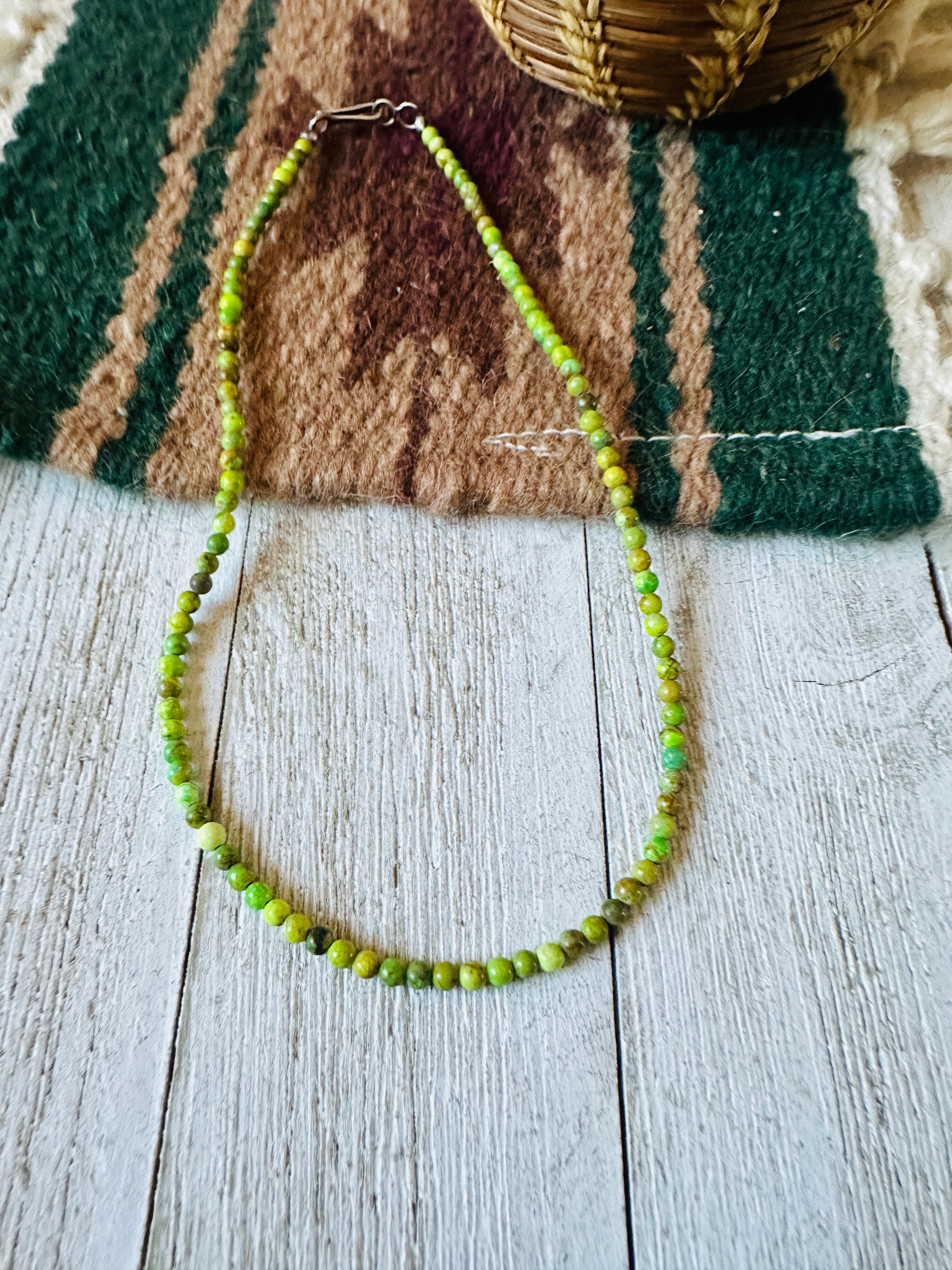 Navajo Green Turquoise & Sterling Silver 14” Beaded Necklace