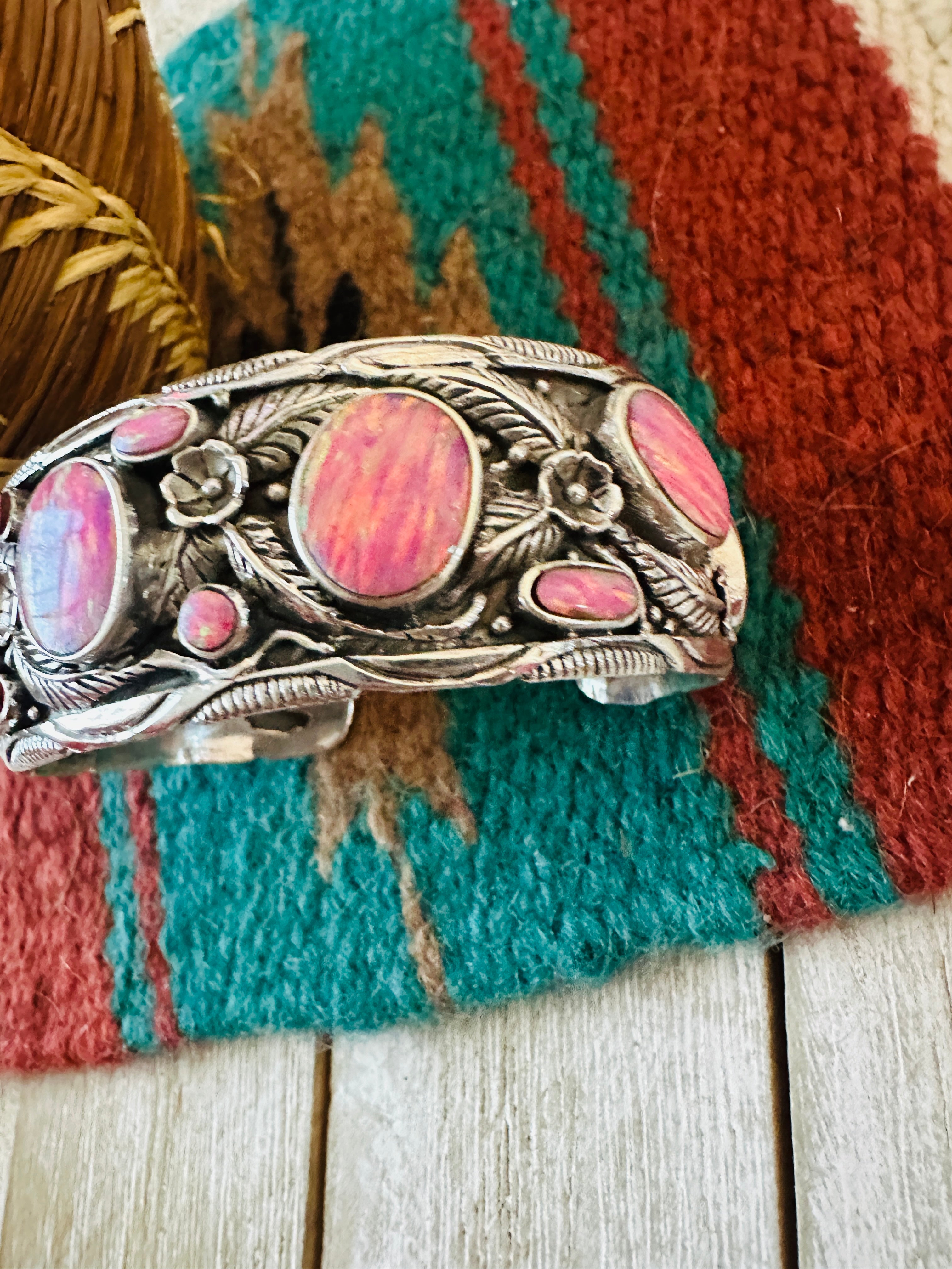 Handmade Sterling Silver Synthetic Opal Cuff Bracelet with Signed Nizhoni