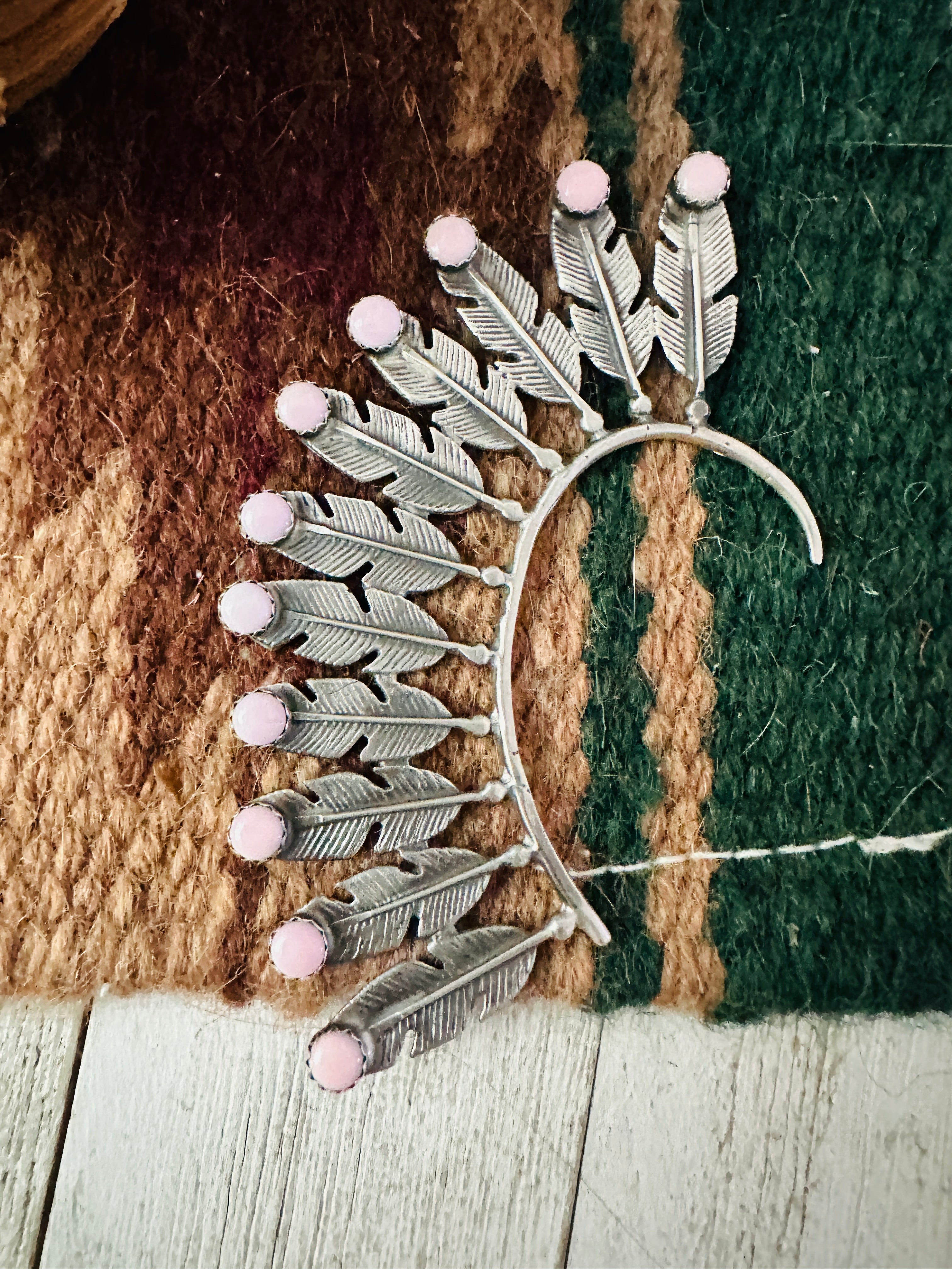 Navajo Queen Pink Conch & Sterling Silver Feather Cuff Earring