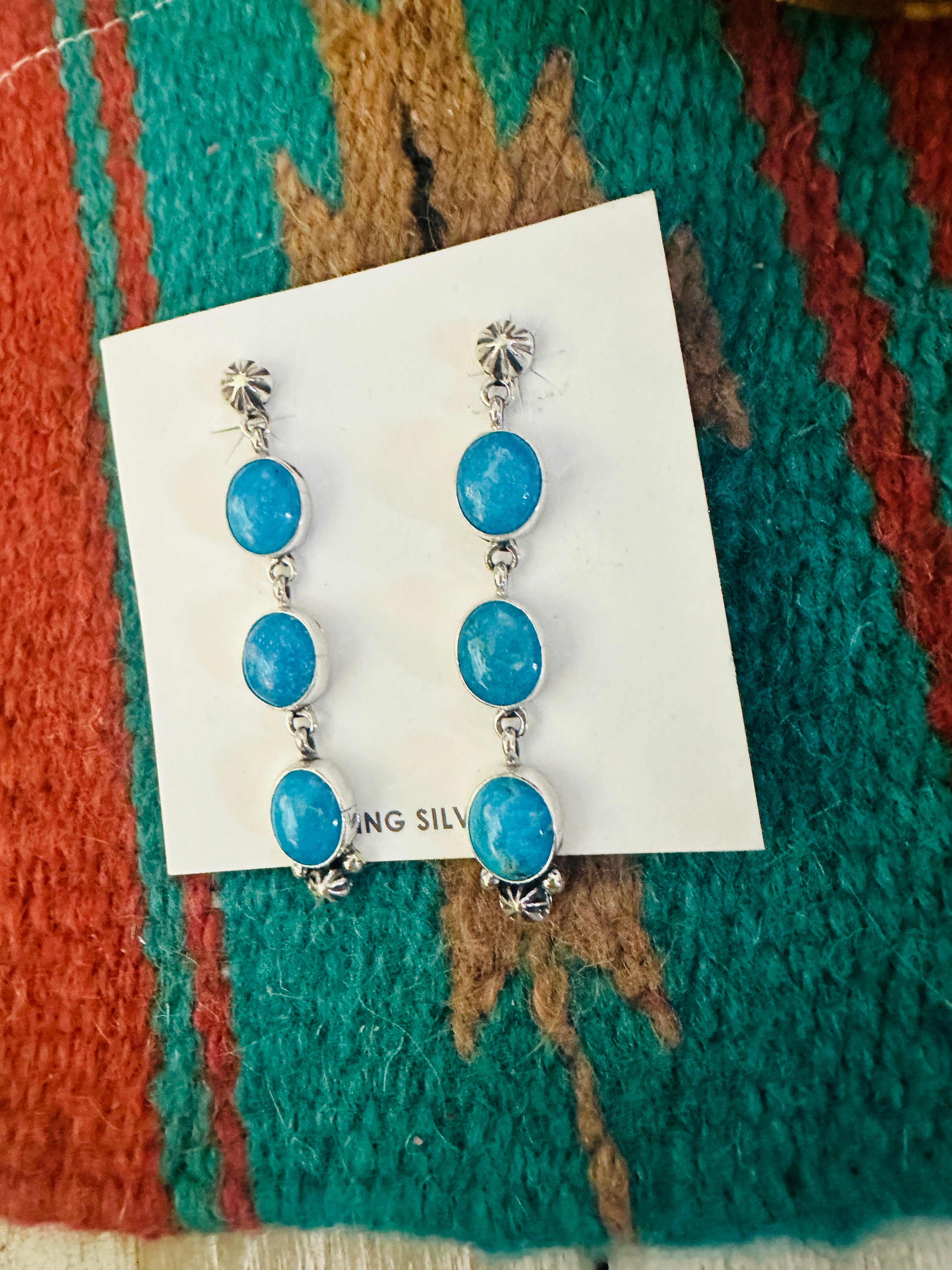 Navajo Kingman Turquoise And Sterling Silver Dangle Earrings