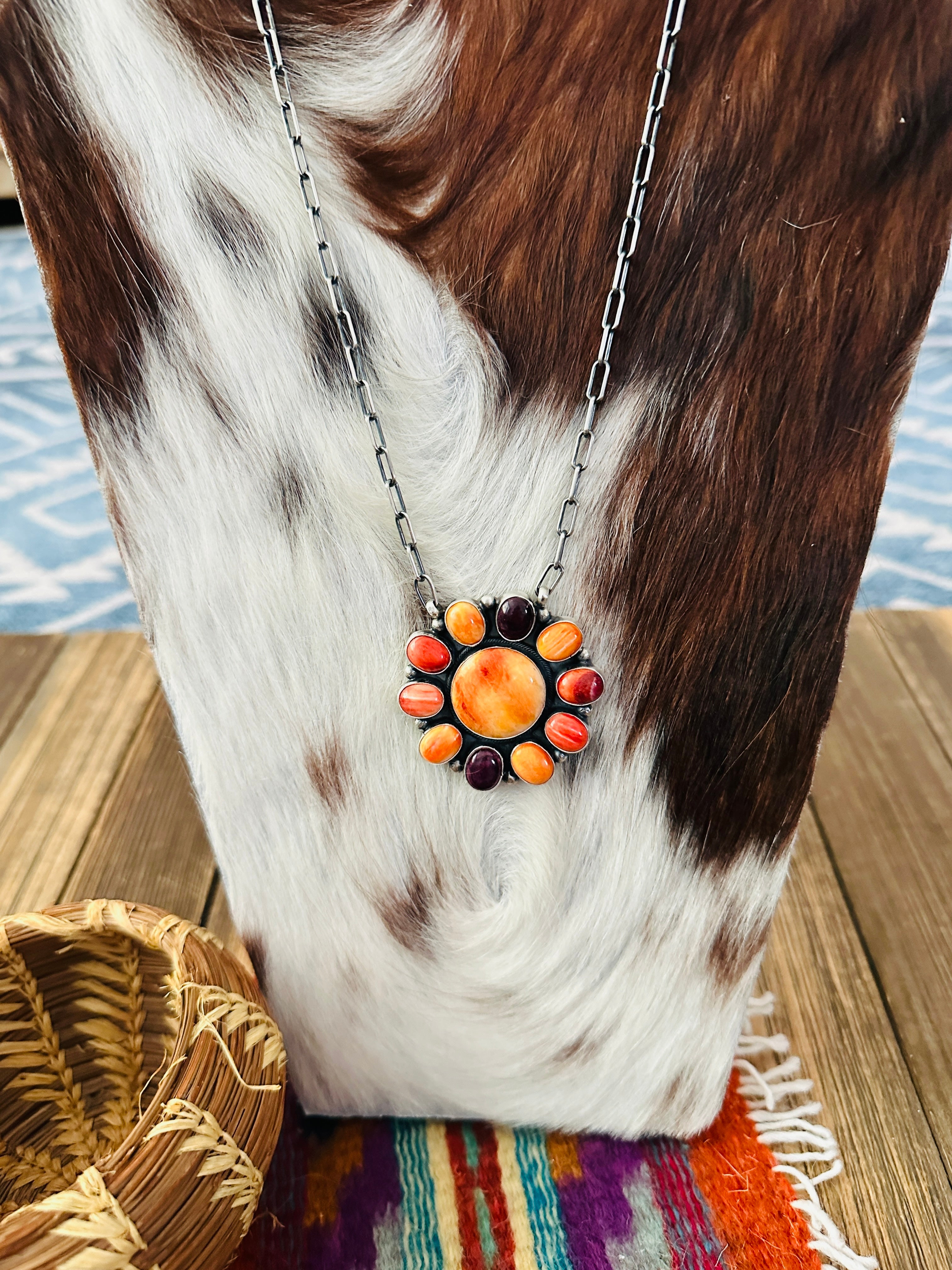 Handcrafted Multicolor Spiny Oyster & Sterling Silver Cluster Necklace by Sheila Becenti