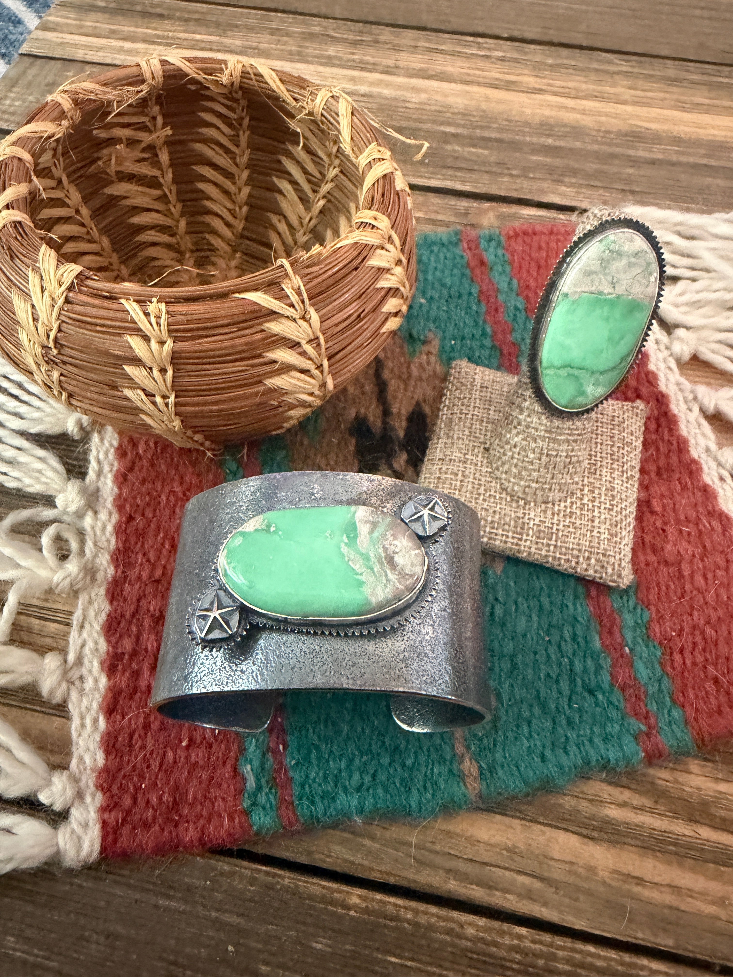 Handcrafted Vintage Old Pawn Turquoise & Sterling Silver Beaded Bracelet & Ring Set