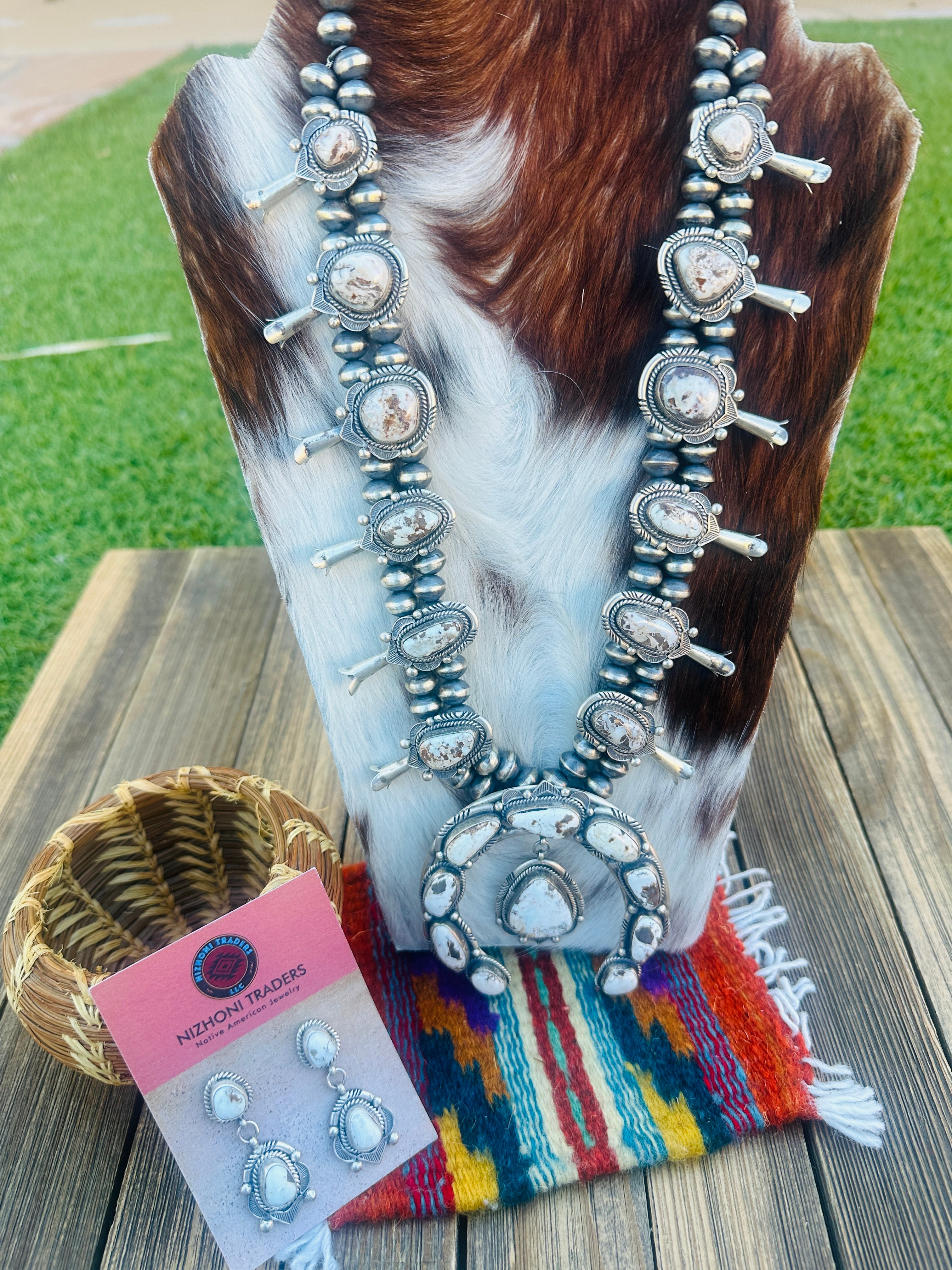 Handcrafted Dry Creek Turquoise & Sterling Silver Squash Blossom Necklace and Earring Set