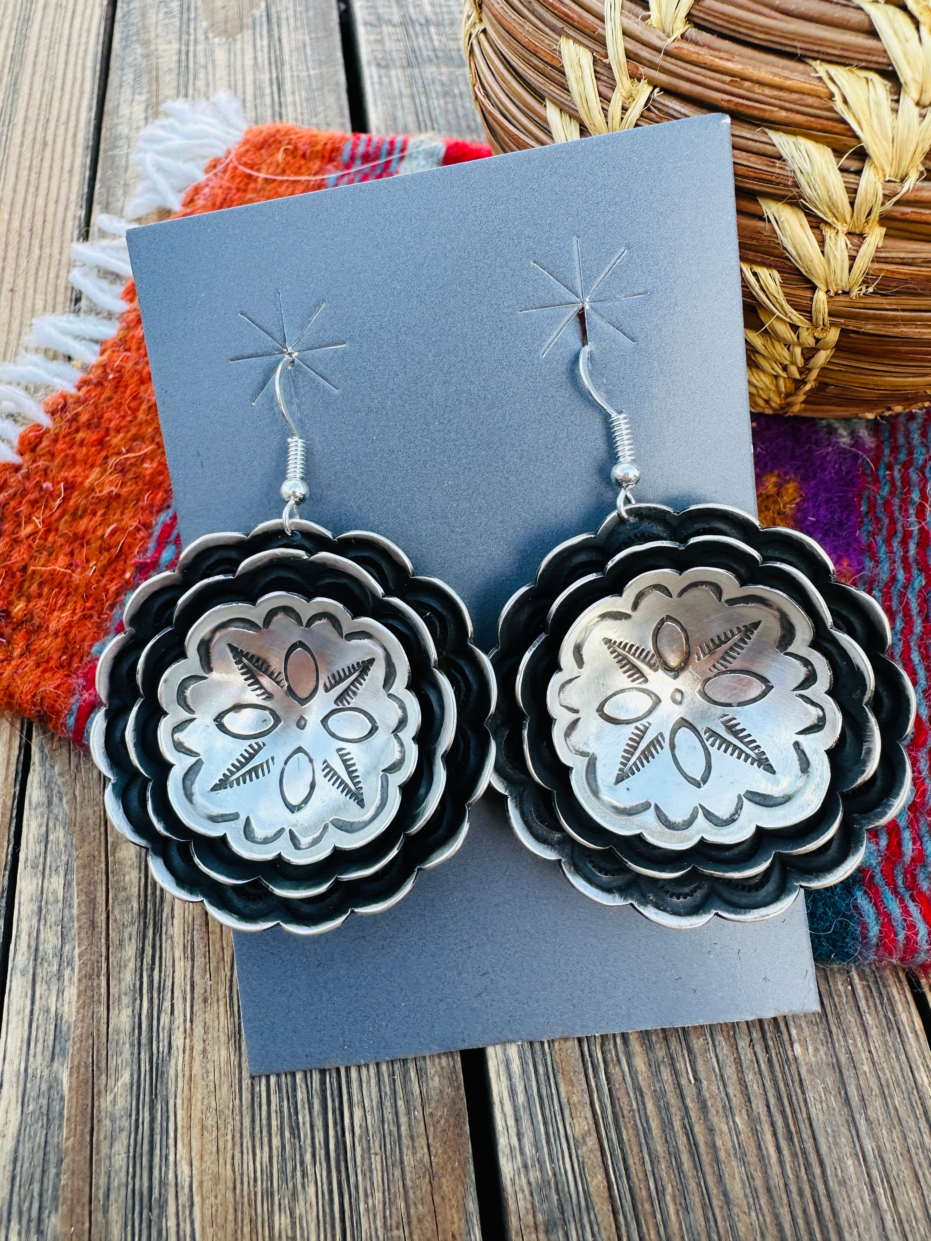 Handcrafted Sterling Silver Concho Dangle Earrings by Leander Tahe